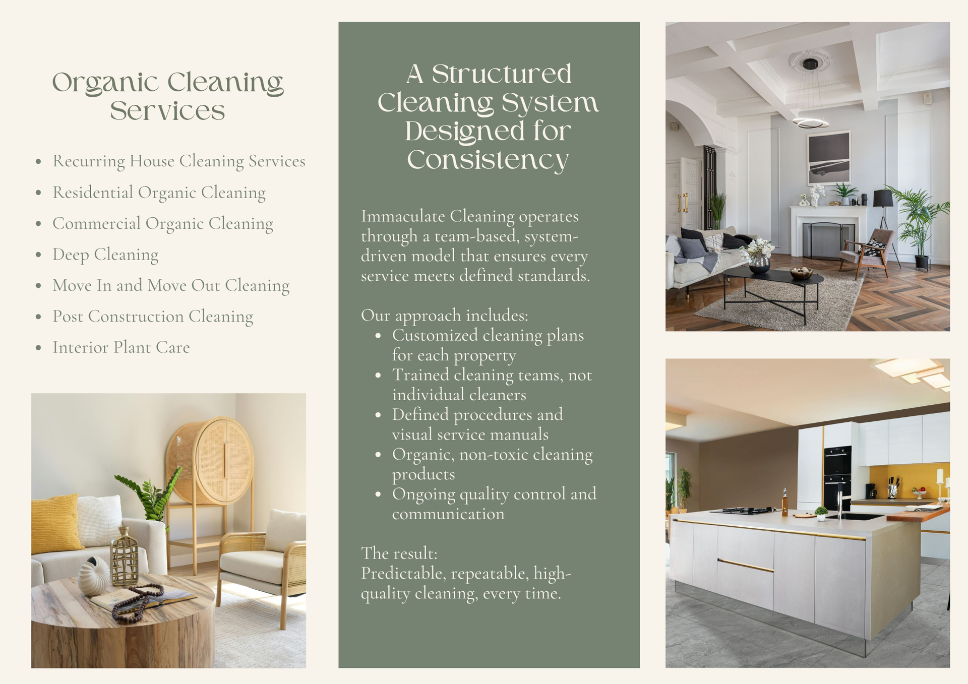 Brochure for a structured cleaning service with home interior photos and service bullet points