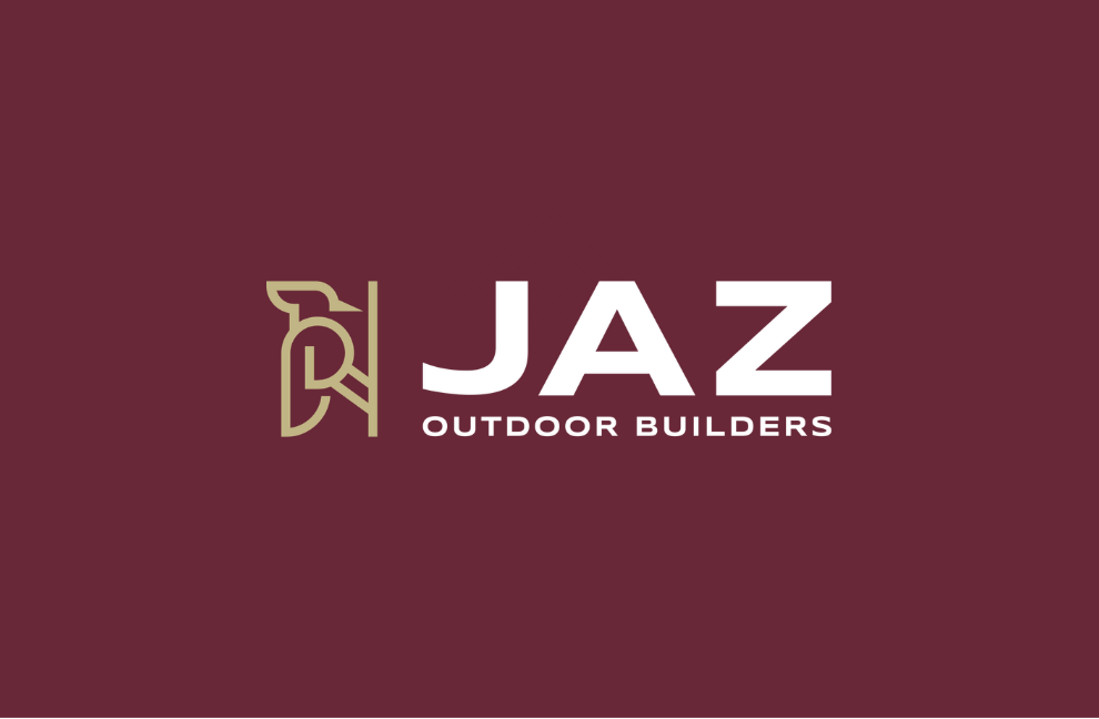 JAZ Outdoor Builders logo in white on a maroon background