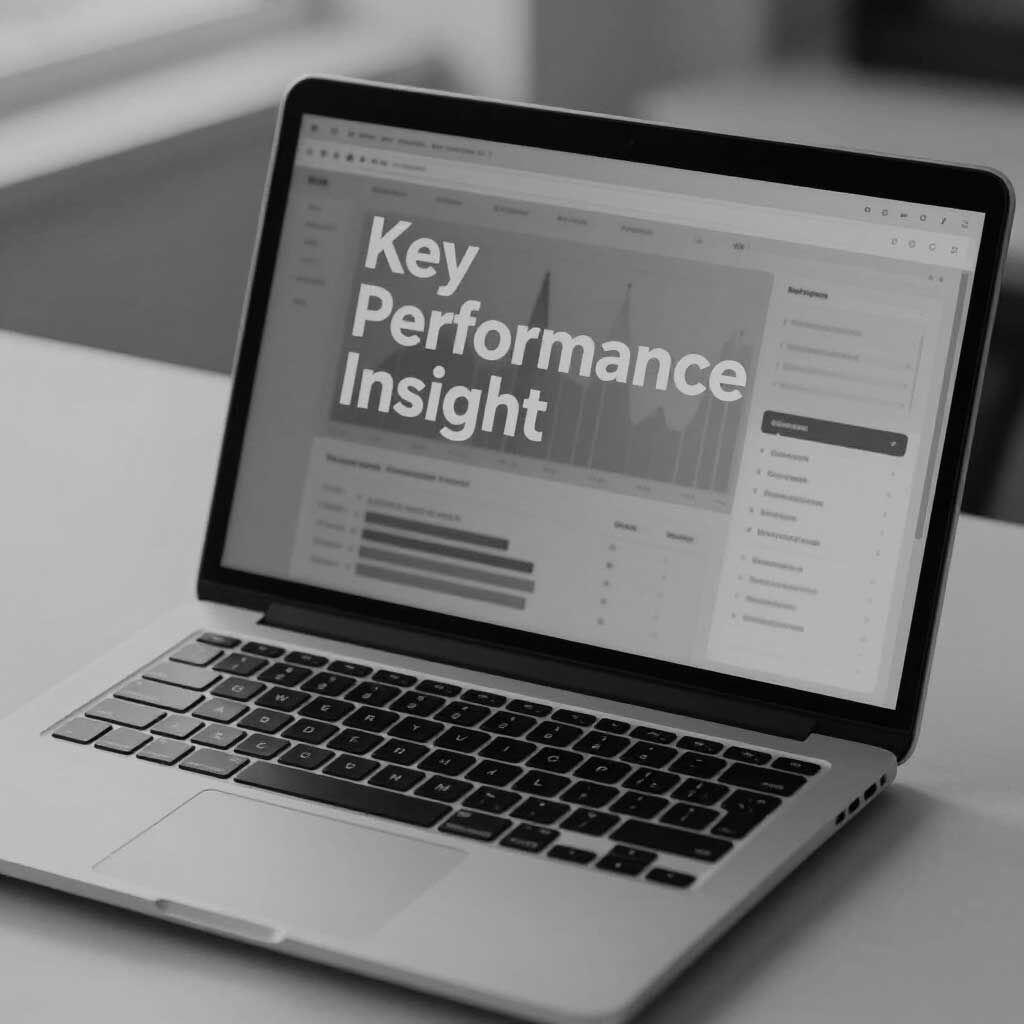 Silver laptop displaying a dashboard titled “Key Performance Insight” on a desk