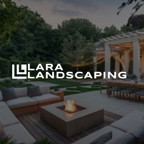 Modern backyard patio with fire pit, outdoor seating, and string lights at dusk, Lara Landscaping logo