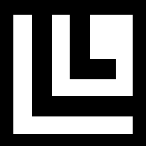Abstract black-and-white geometric logo with interlocking square lines on a black background