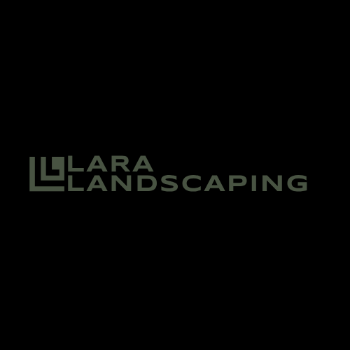 Lara Landscaping logo in dark green on a black background