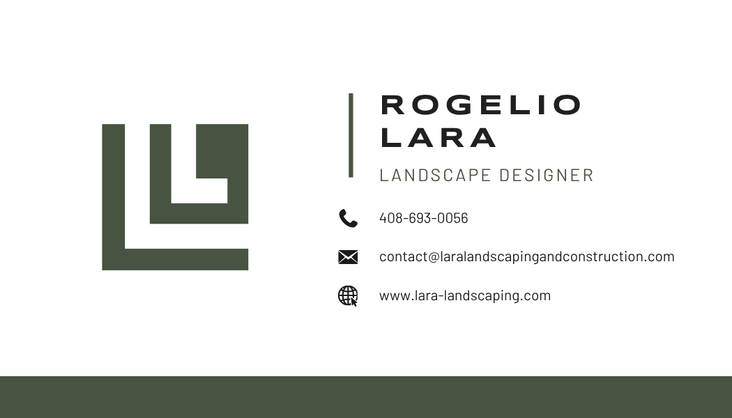 Business card for Rogelio Lara, with green monogram logo and contact details on white background