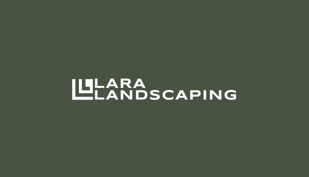 Lara Landscaping logo on a dark olive-green background with white text.
