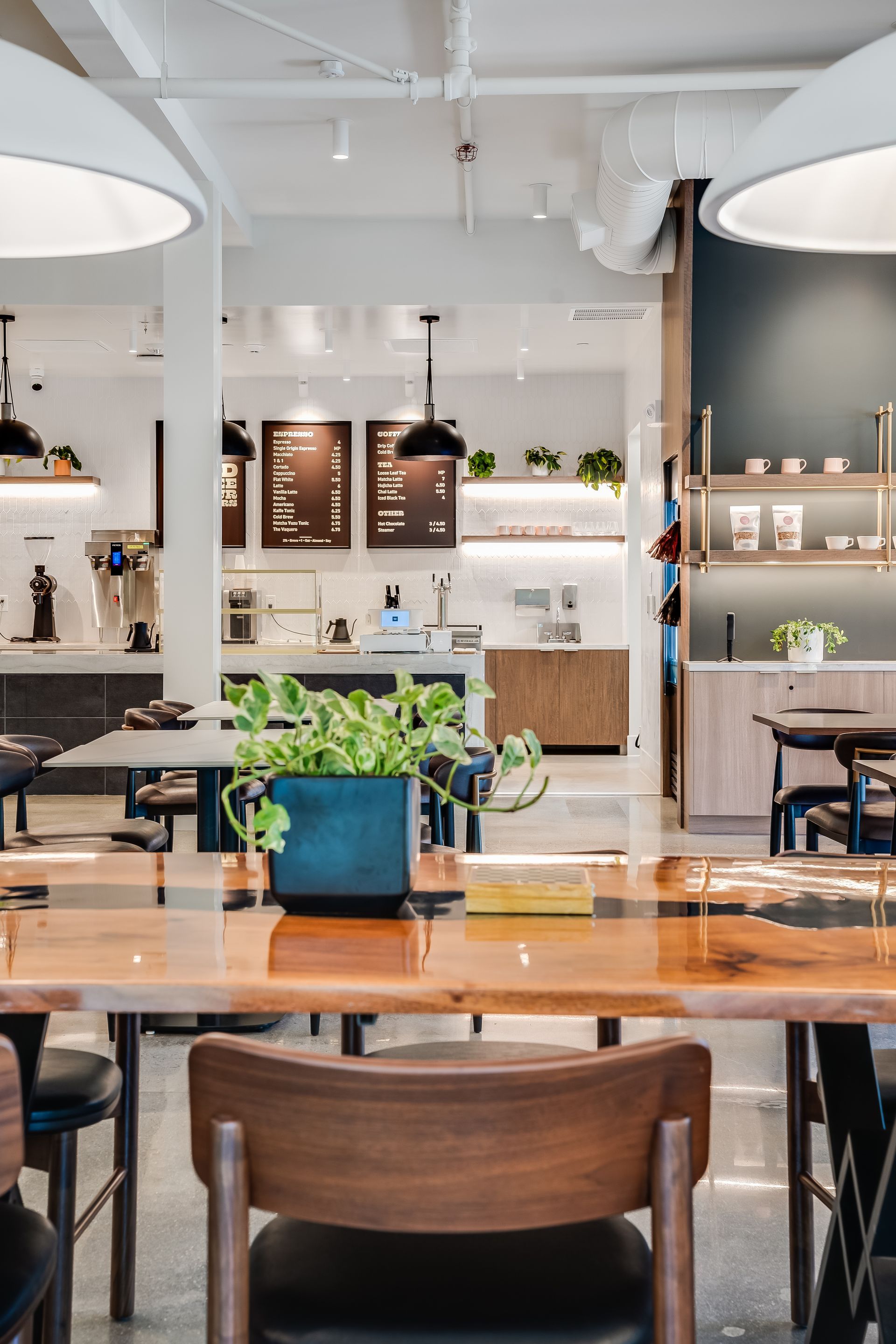 Bright modern café with wooden tables, pendant lights, and a potted plant in the foreground