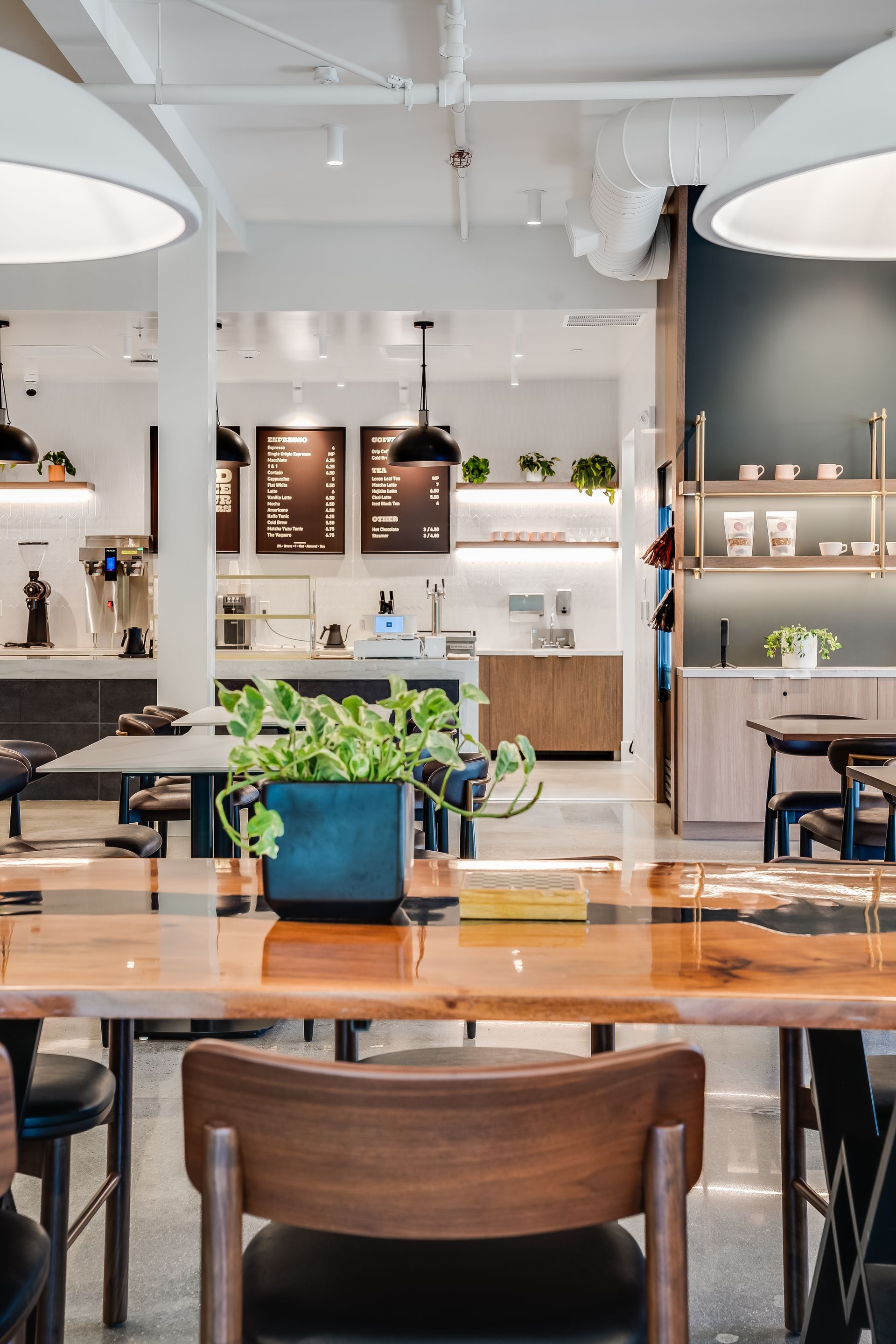 Modern café interior with wooden tables, hanging lights, and a potted plant centerpiece
