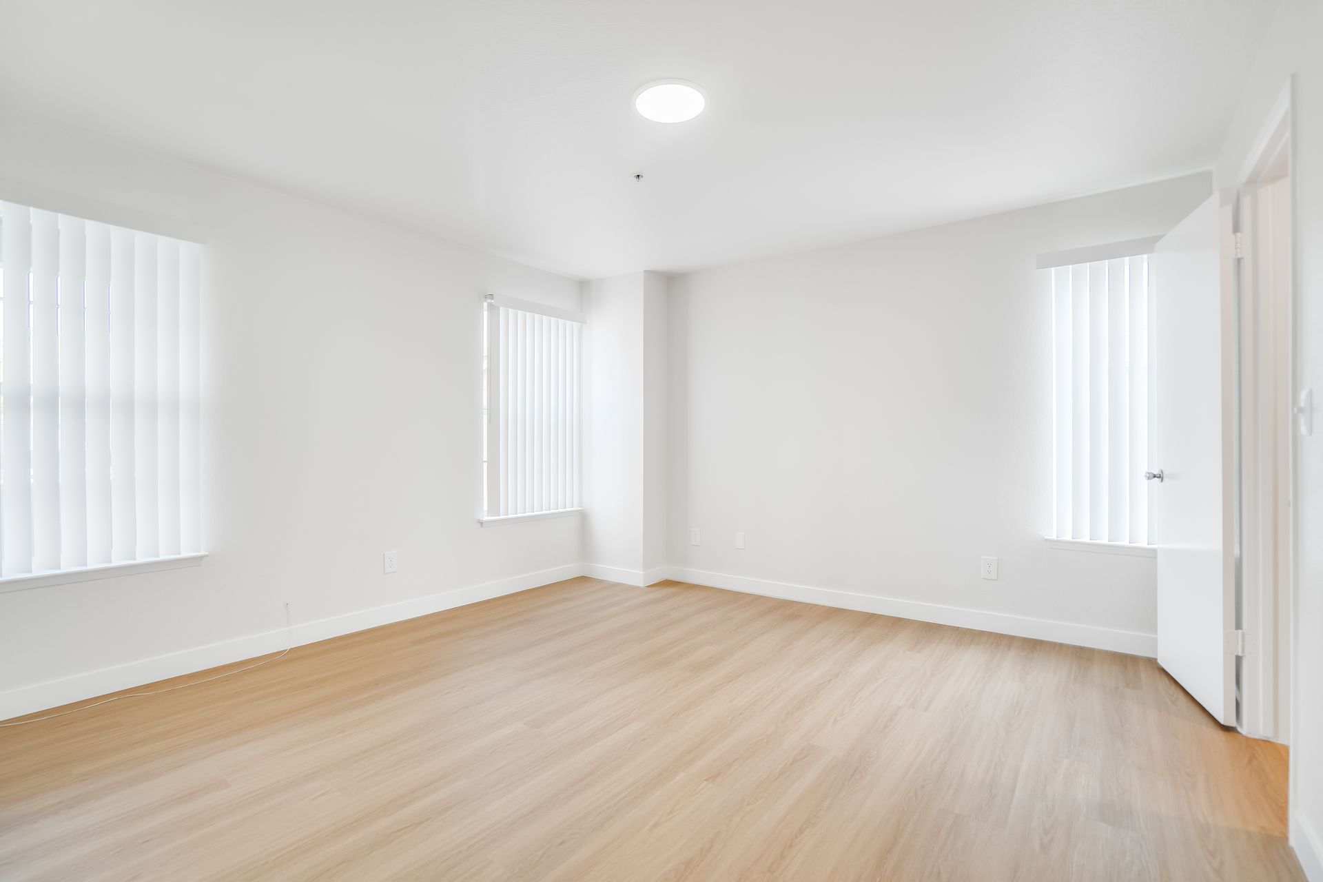Empty bright room with light wood floors, white walls, and tall windows
