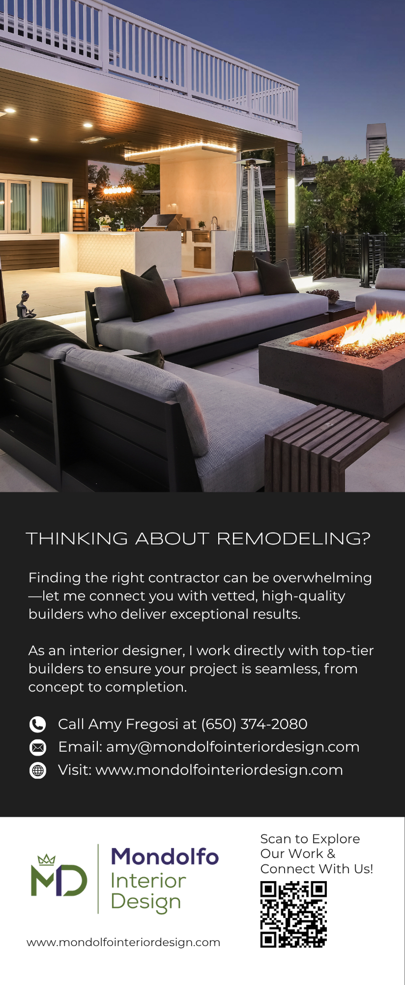 Luxury rooftop patio at sunset with sectional seating, fire pit, and city view; Mandalina Hotel branding below