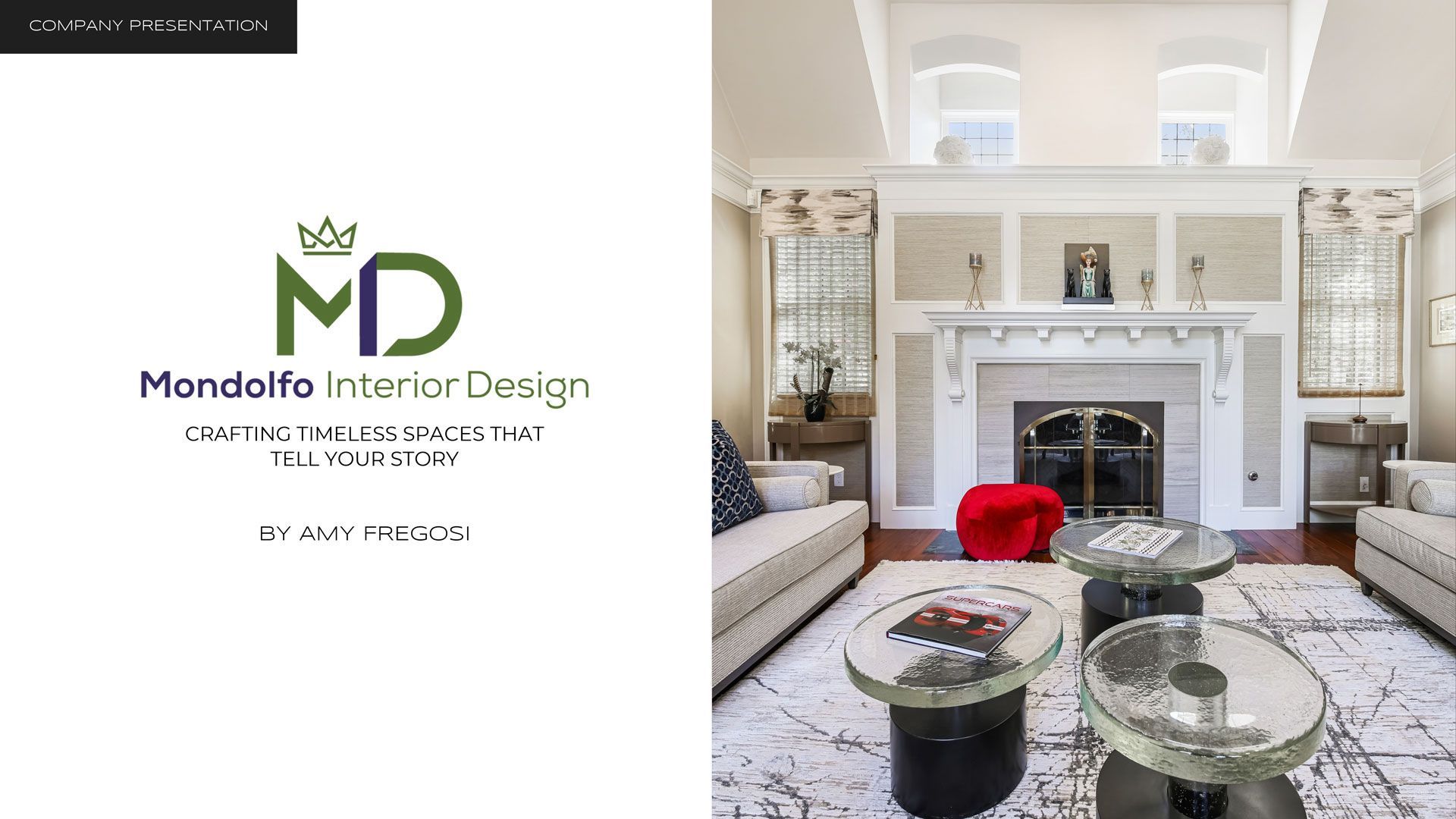 Interior design logo with a living room featuring modern furniture, fireplace, and windows.