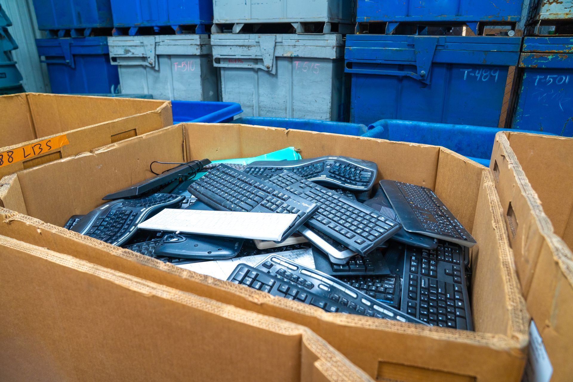 Cardboard box filled with discarded computer keyboards in front of blue bins, possibly for recycling.
