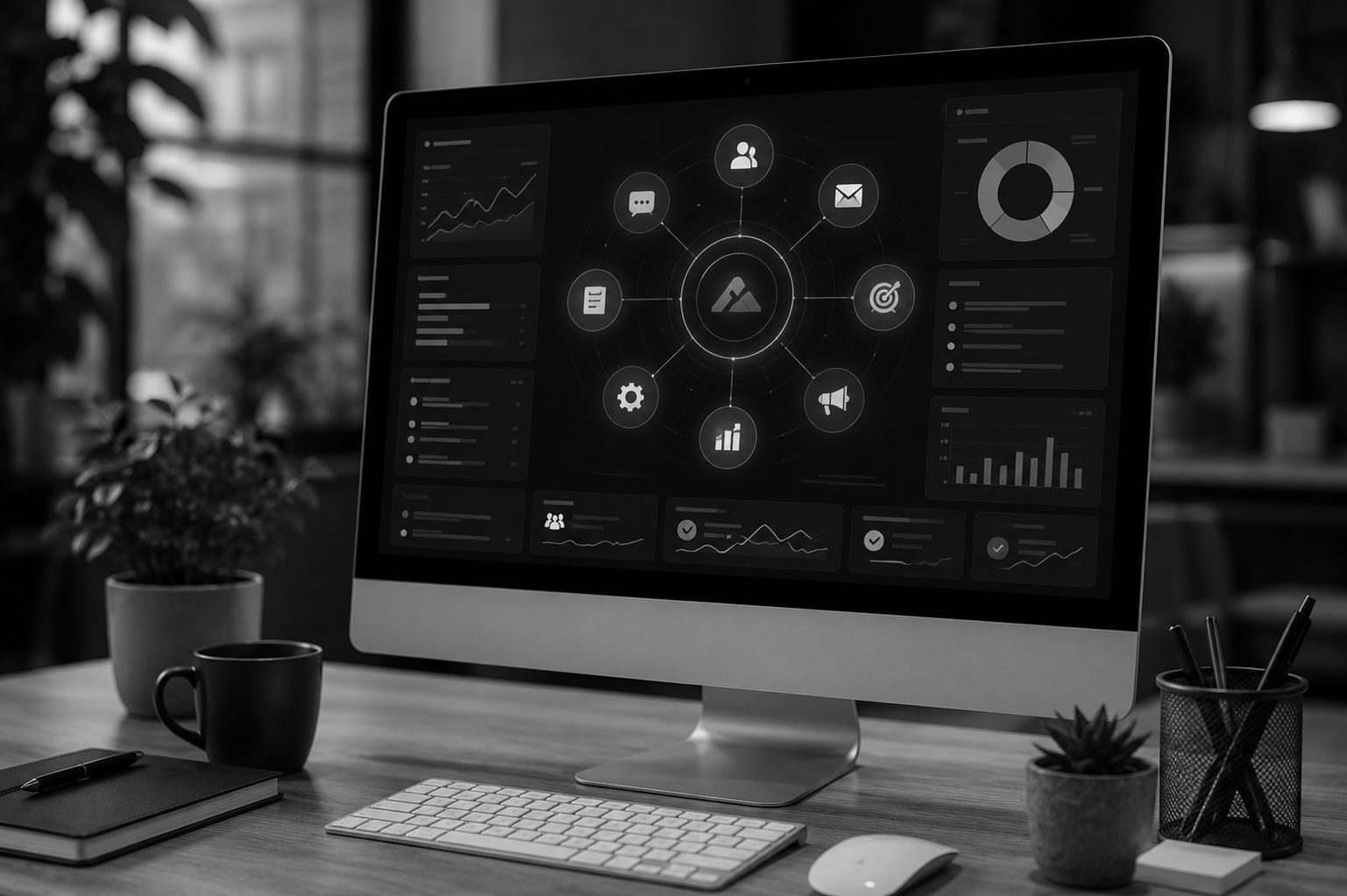 Monochrome desk setup with a large monitor showing a dashboard, keyboard, mouse, mug, and plants