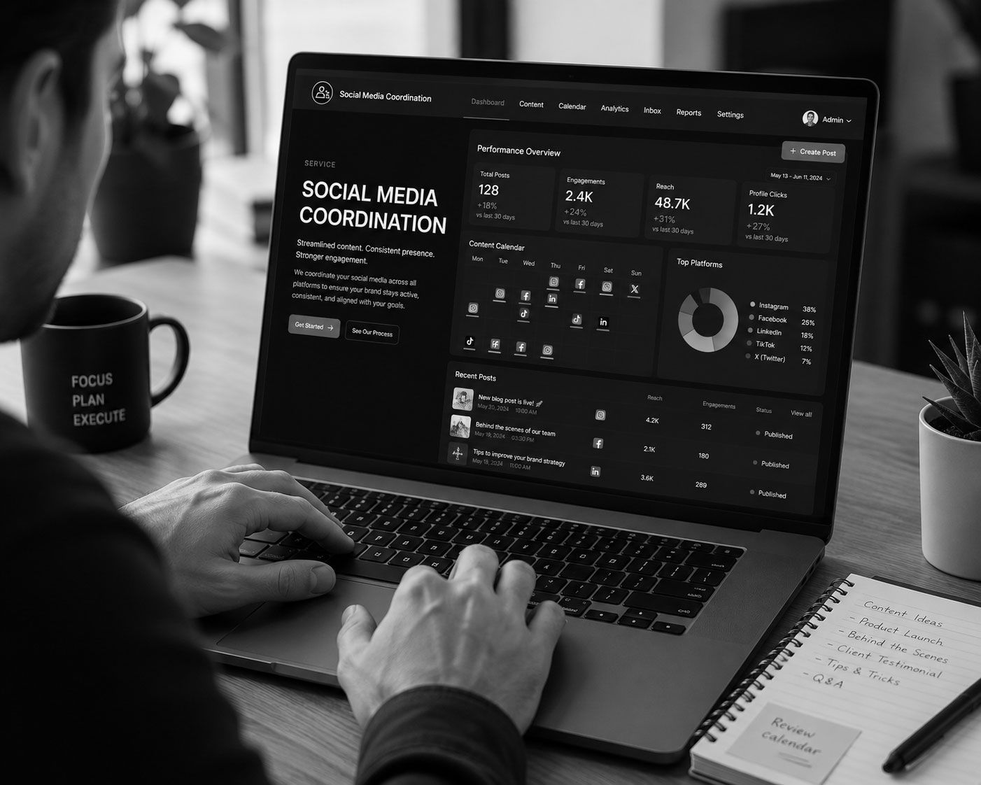 Person working on a laptop with a social media dashboard in a desk workspace