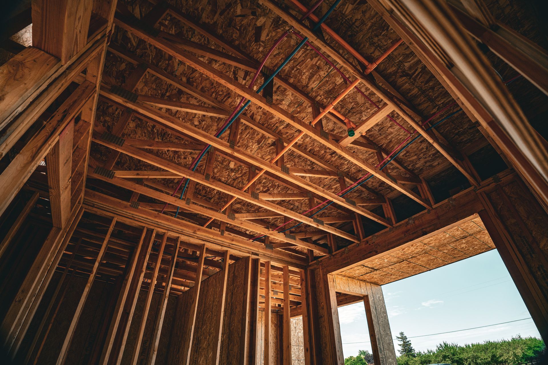 Exposed wooden roof framing inside a building under construction, with daylight through an open wall opening.