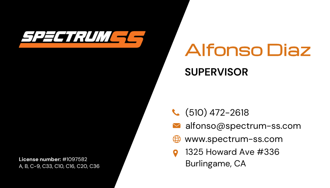 Spectrum CS business card for Alfonso Diaz, supervisor, with contact details on black and white background