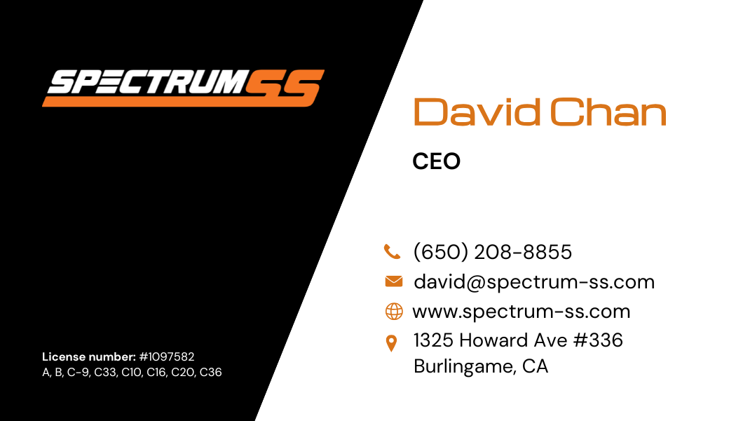 SpectrumCS business card for David Chan, CEO, with contact details on a black-and-white design.