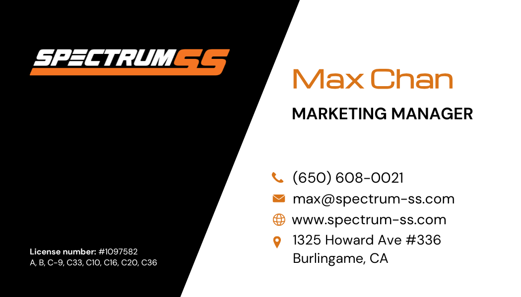 Spectrum 6C business card for Max Chan, Marketing Manager, with contact details on white and black design