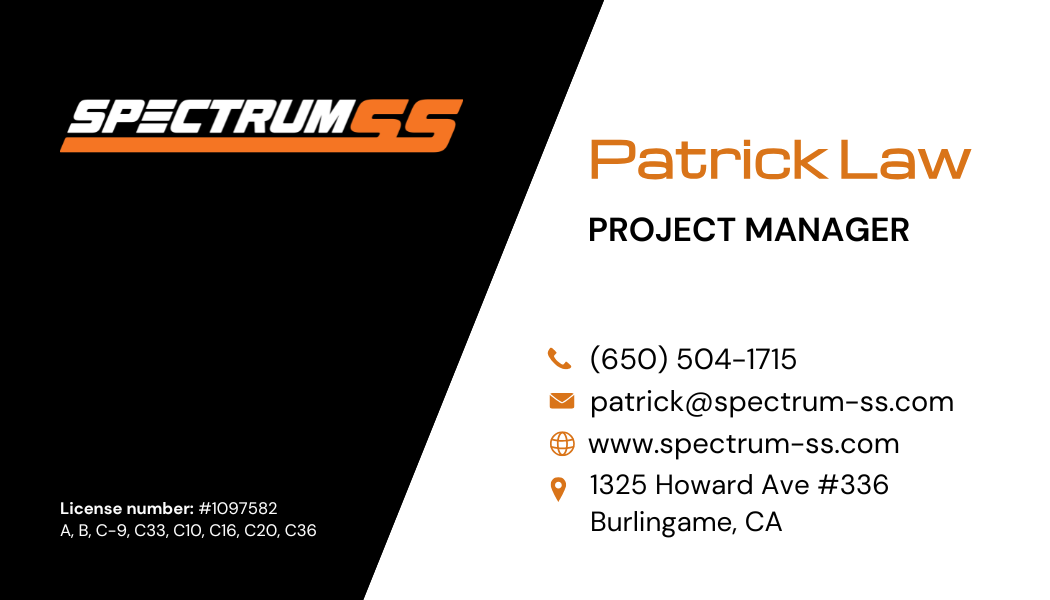 Spectrum CS business card for Patrick Law, Project Manager, with contact details on white and black background