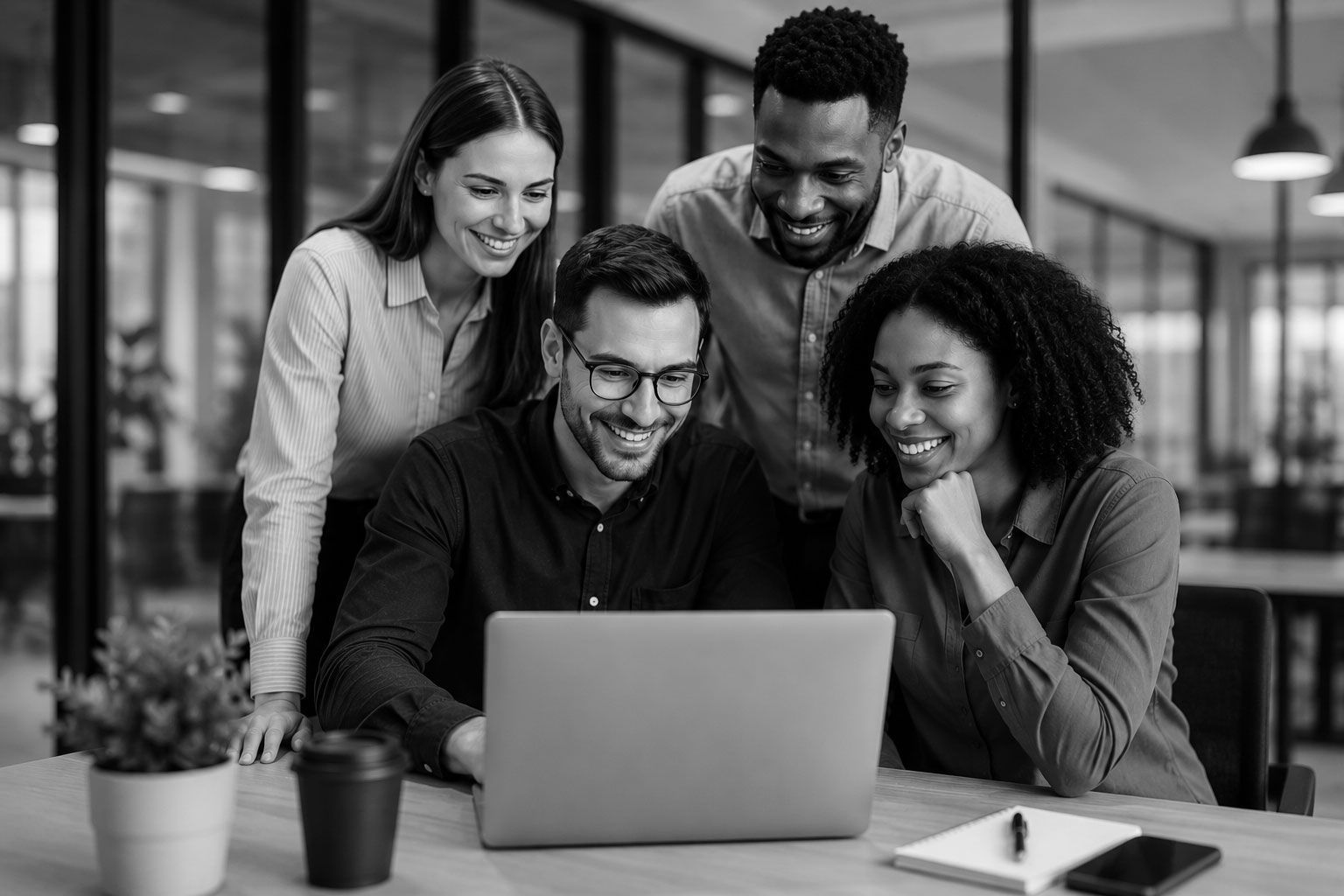 Four coworkers smiling around a laptop in a modern office meeting room