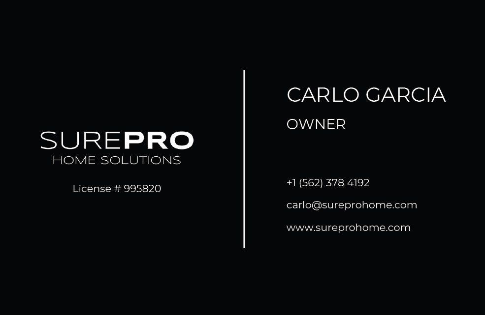 Black business card for SurePro Home Solutions with Carlo Garcia, owner, and contact details.