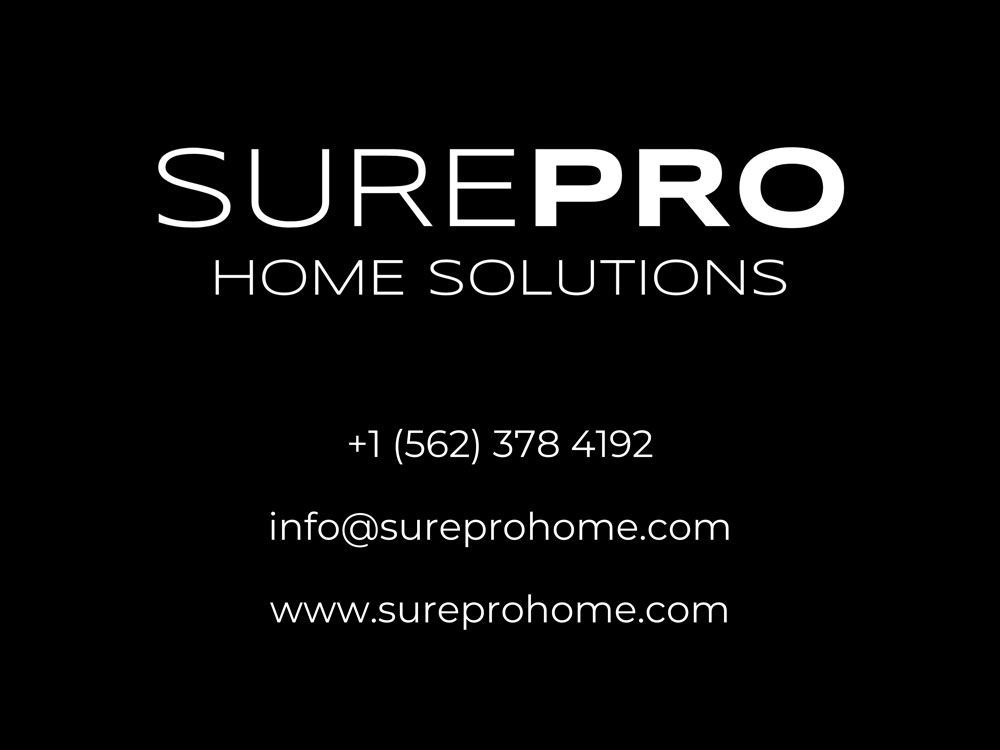 SUREPRO Home Solutions logo and contact info on a black background: phone, email, website