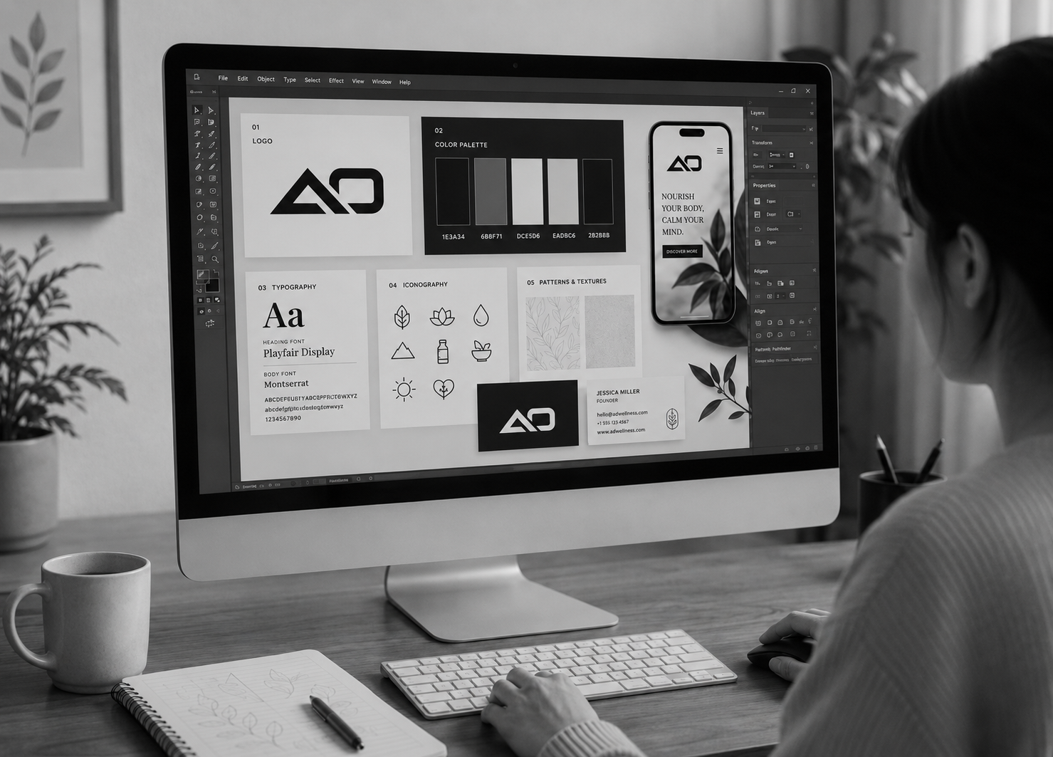 Desktop computer displaying design work, with a keyboard, pens, and paper on a desk.