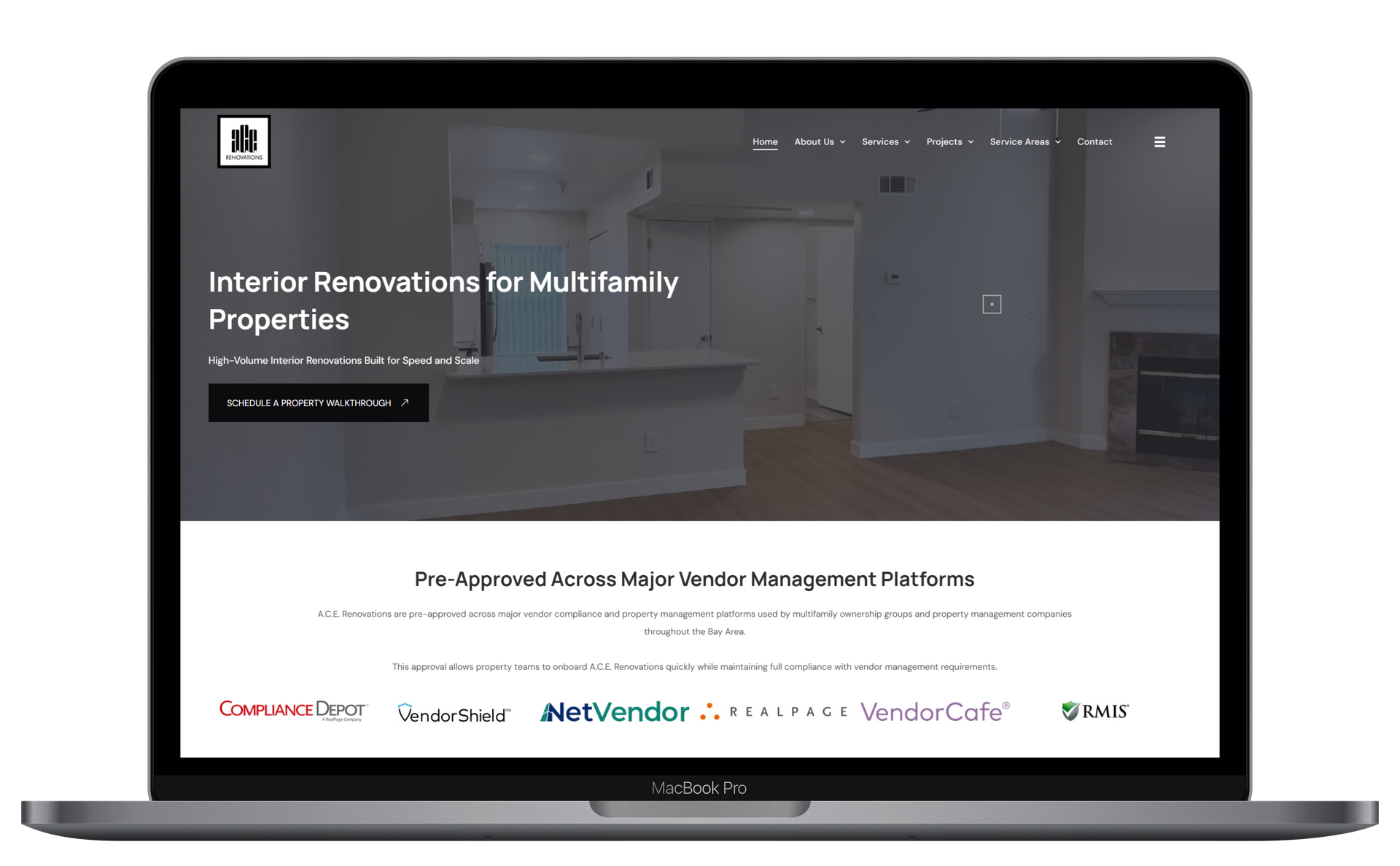 Laptop displaying a real estate website with a dark hero banner and a bright interior listing page