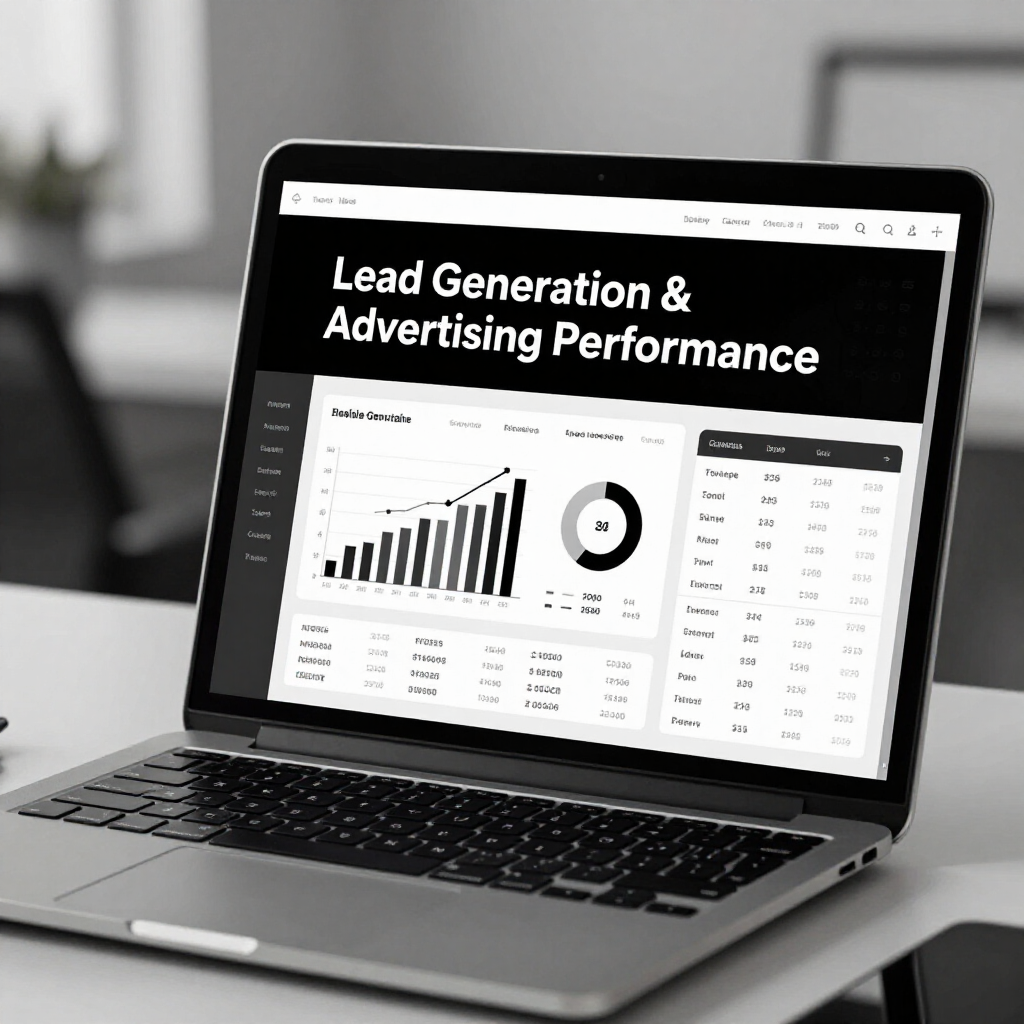 Laptop displaying a lead generation and advertising performance dashboard with charts and tables on a desk