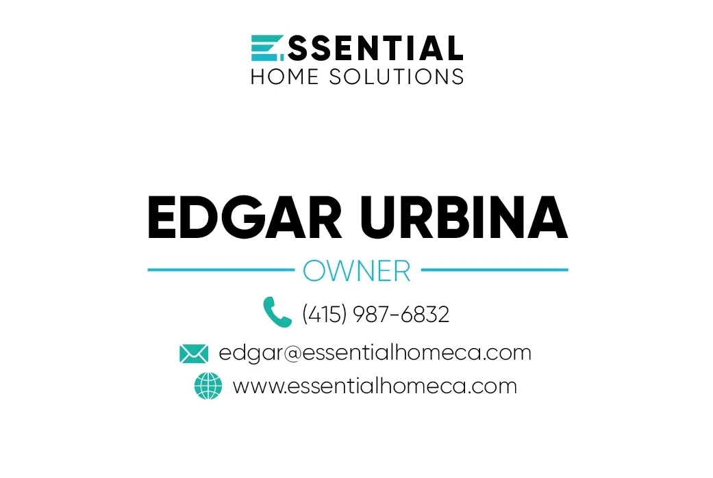 Business card for Essential Home Solutions featuring Edgar Urbina, owner, with contact information.