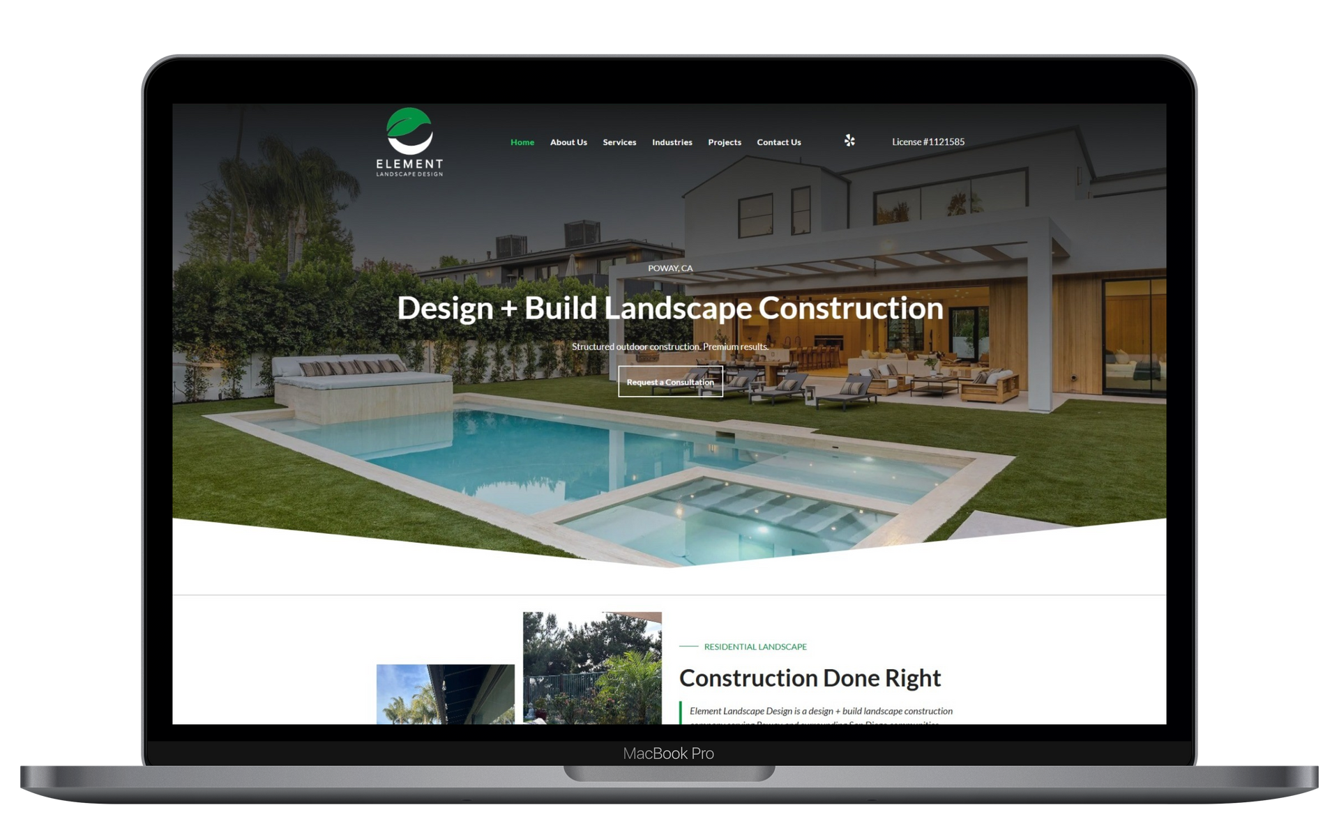 Laptop displaying a landscaping website with a pool and modern backyard design contract