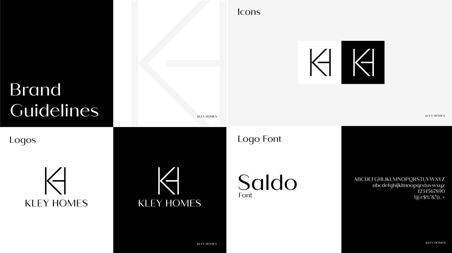 Brand guidelines collage showing logo, wordmark, color palette, and black-and-white branding mockups