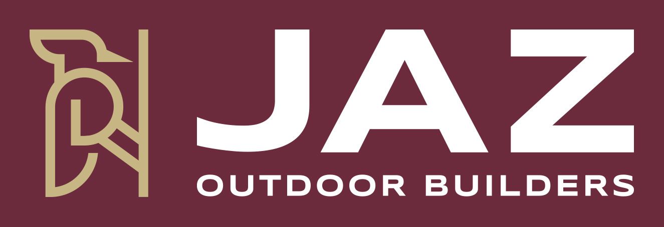 JAZ Outdoor Builders logo in gold and white on a mauve background