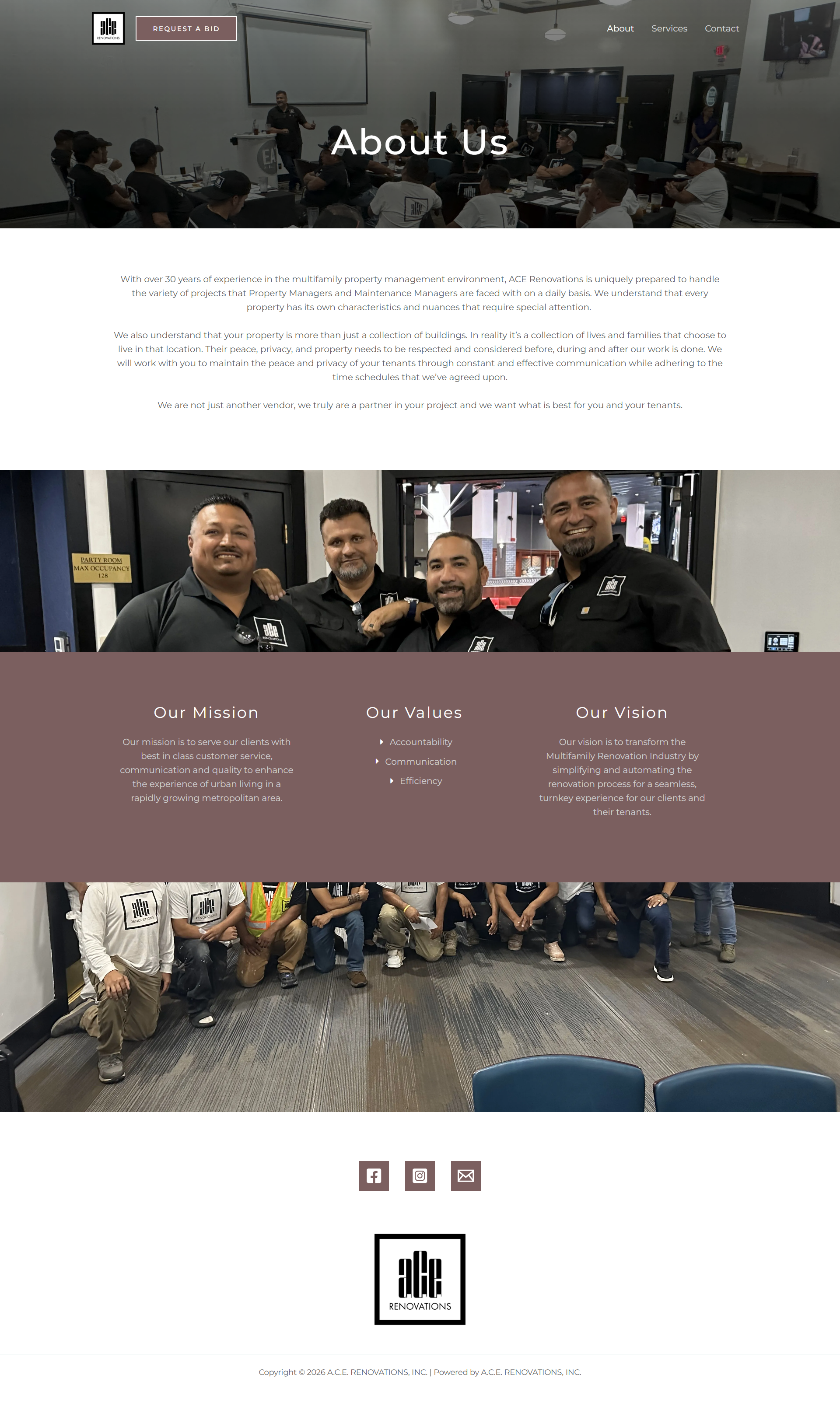 About Us webpage with group photos, white text section, and social media icons on a dark background