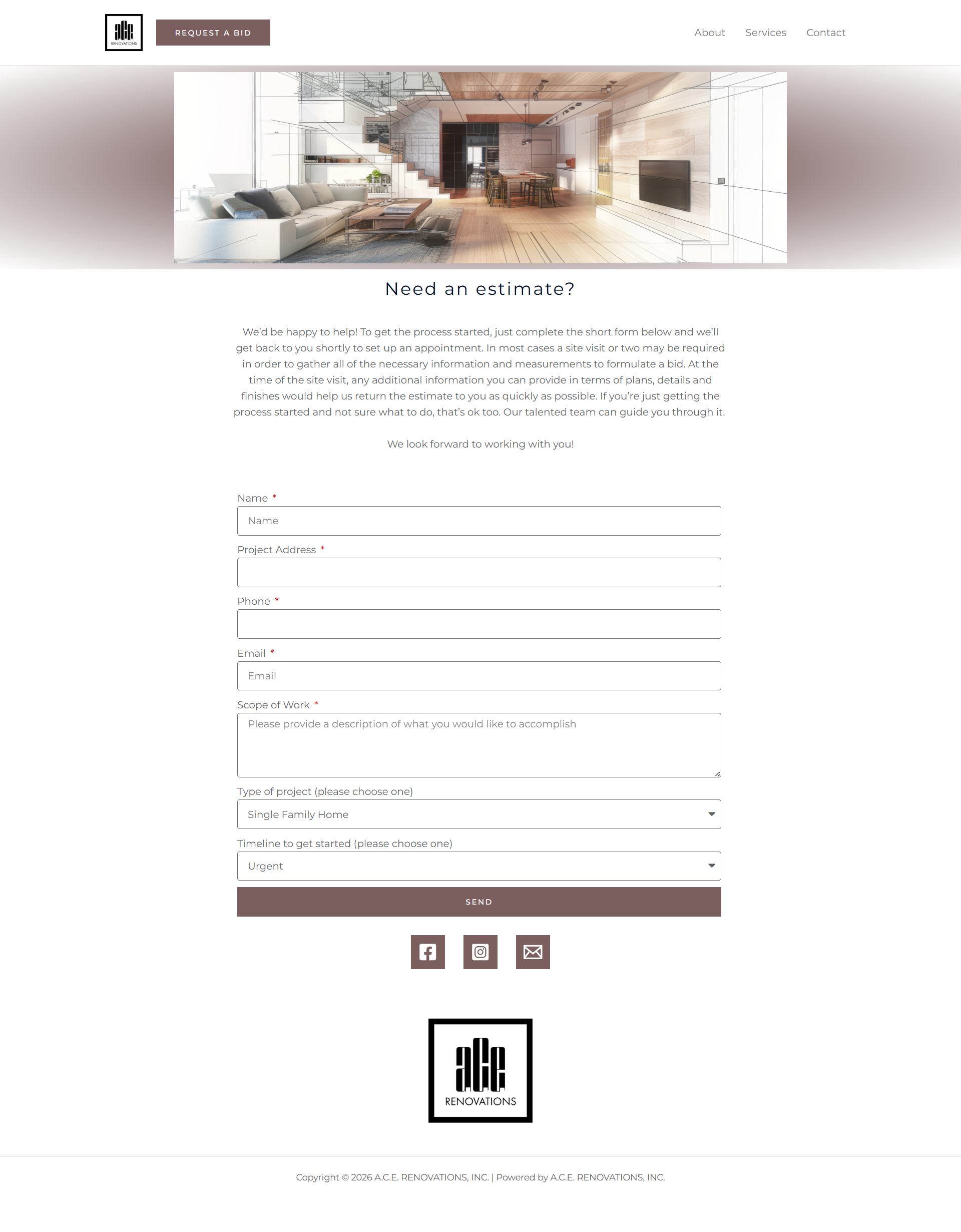 Mobile webpage with a bright interior banner, text, form fields, and a QR code near the bottom