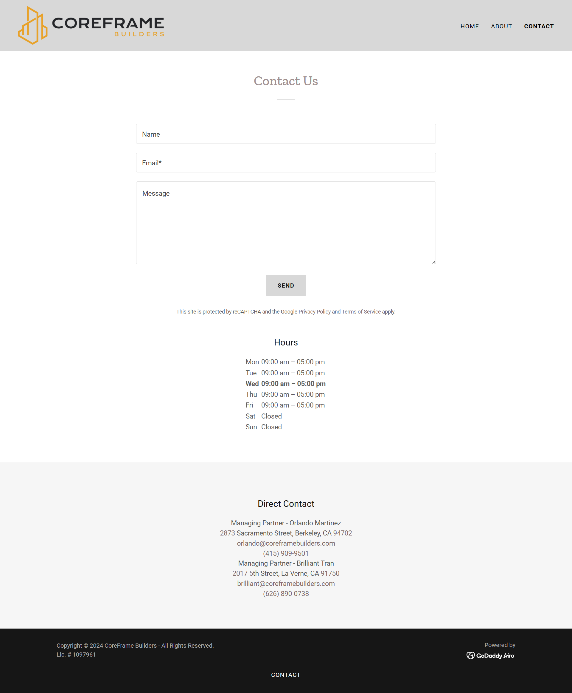 Codeframe contact page with white layout, logo header, and centered contact form/footer details