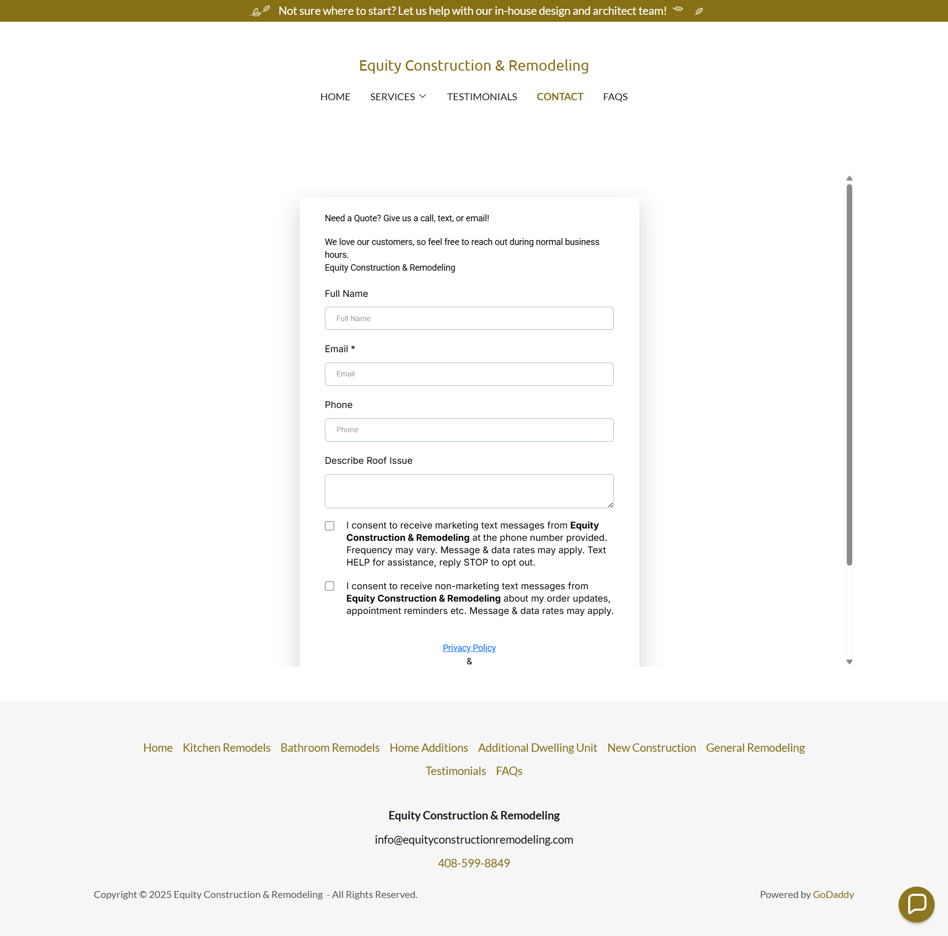 Web page with a centered contact form on a white background and a gold header/footer.