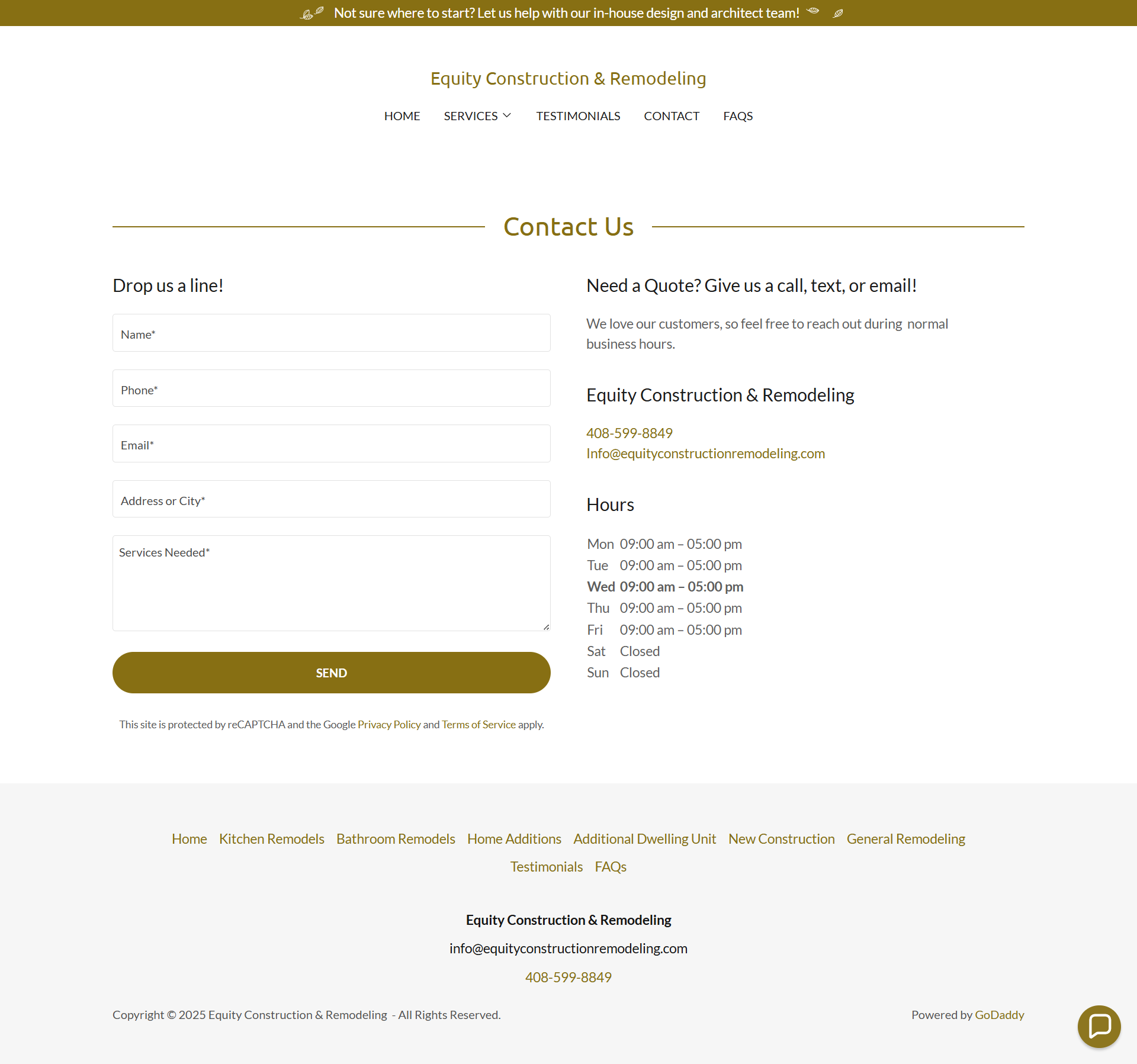 Contact us webpage with a left-side form, right-side contact details, and a gold submit button on a white background