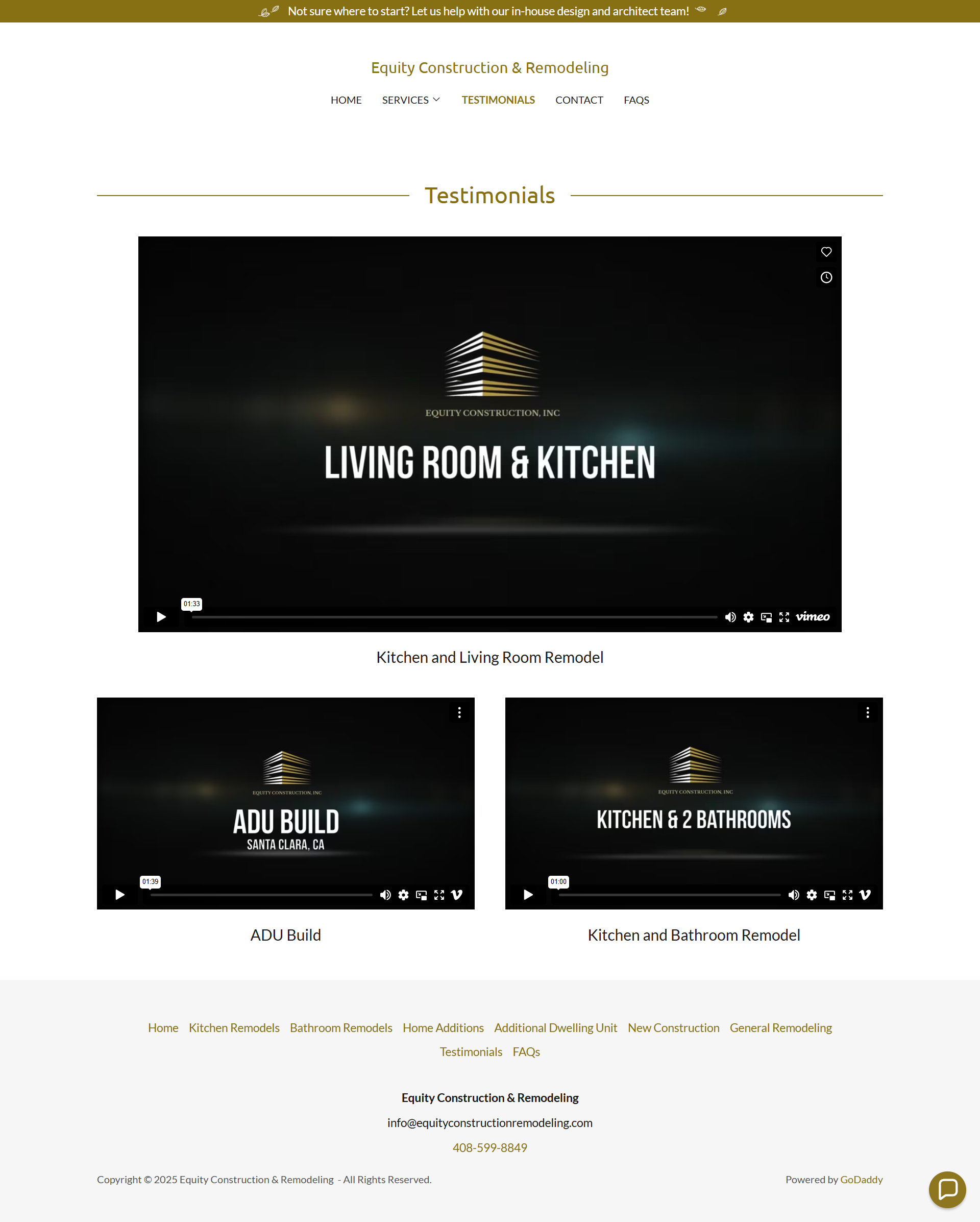 Website page with a central video titled “Living Room & Kitchen” and two smaller video thumbnails below.