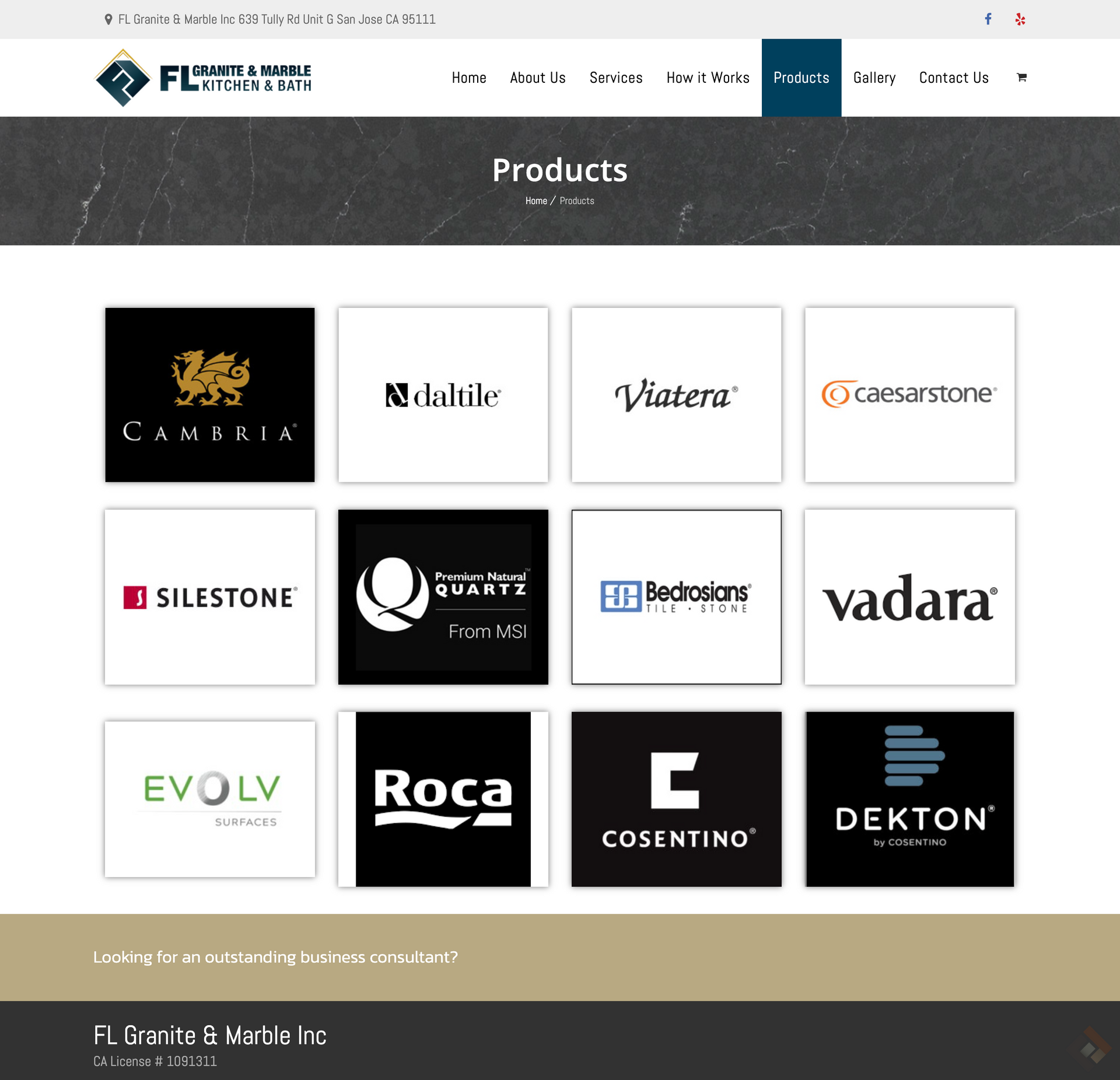 Brand logos grid on a Products webpage, including Cambria, Silestone, Roca, Cosentino, and Dekton