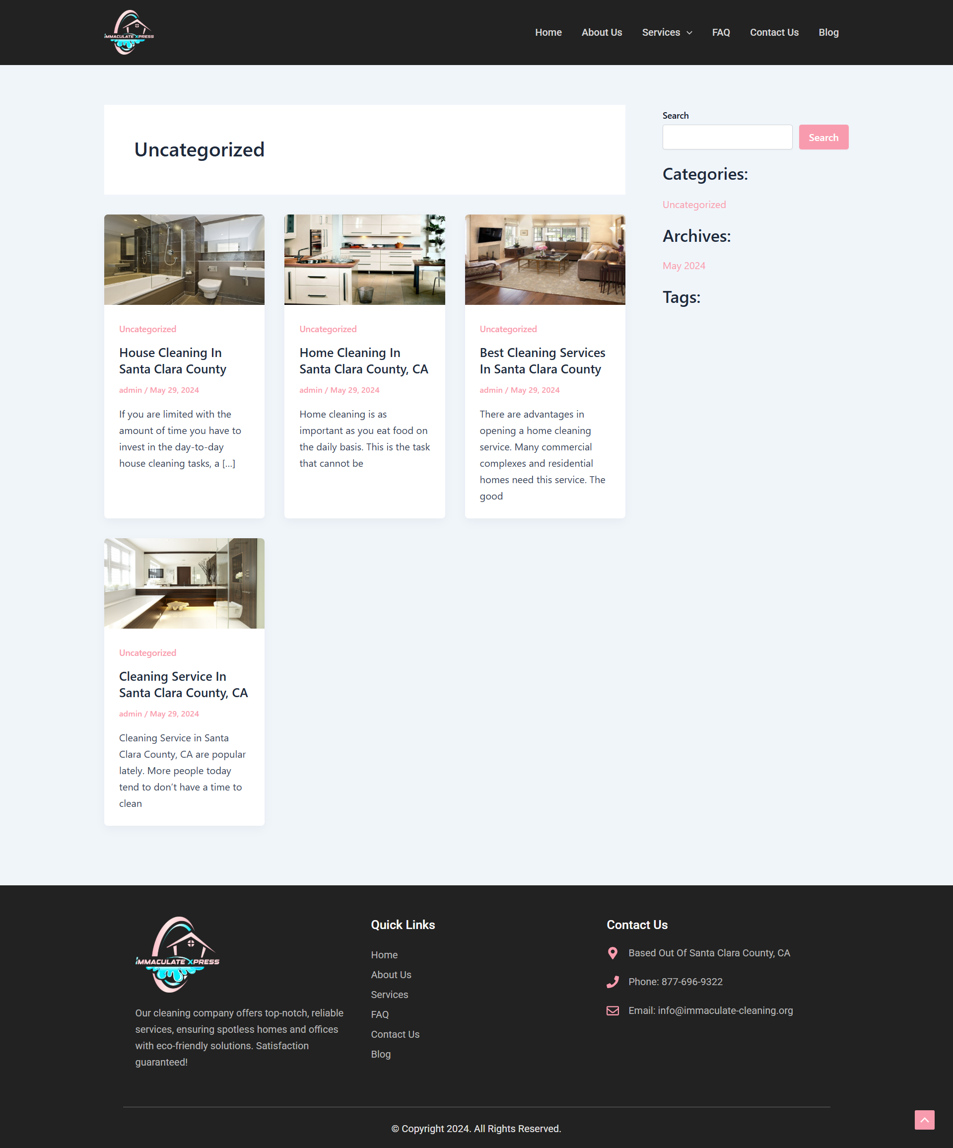 Dark-themed website homepage with card-style article listings and a footer section