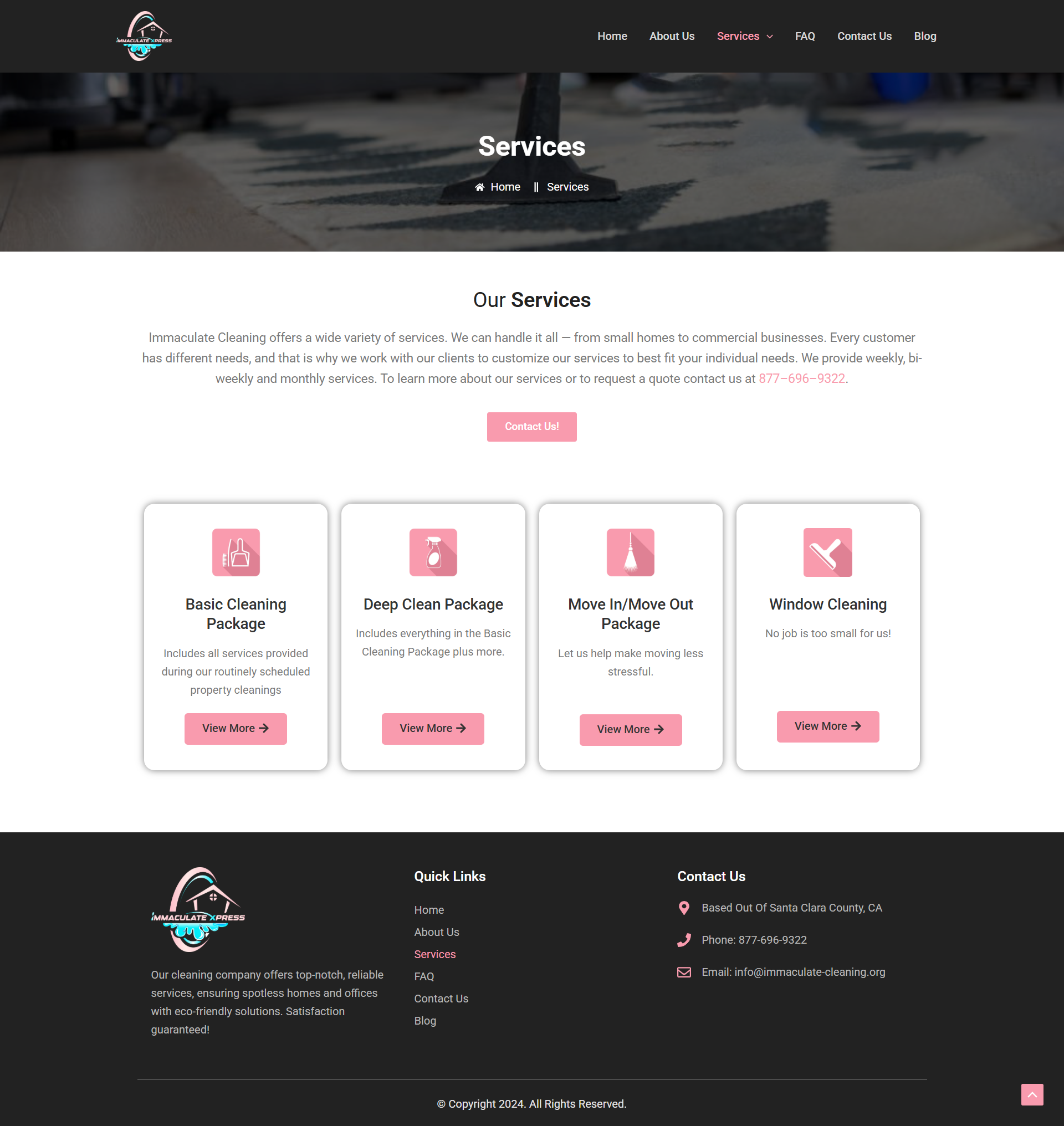 Services webpage with four pink service cards on a dark header and footer layout