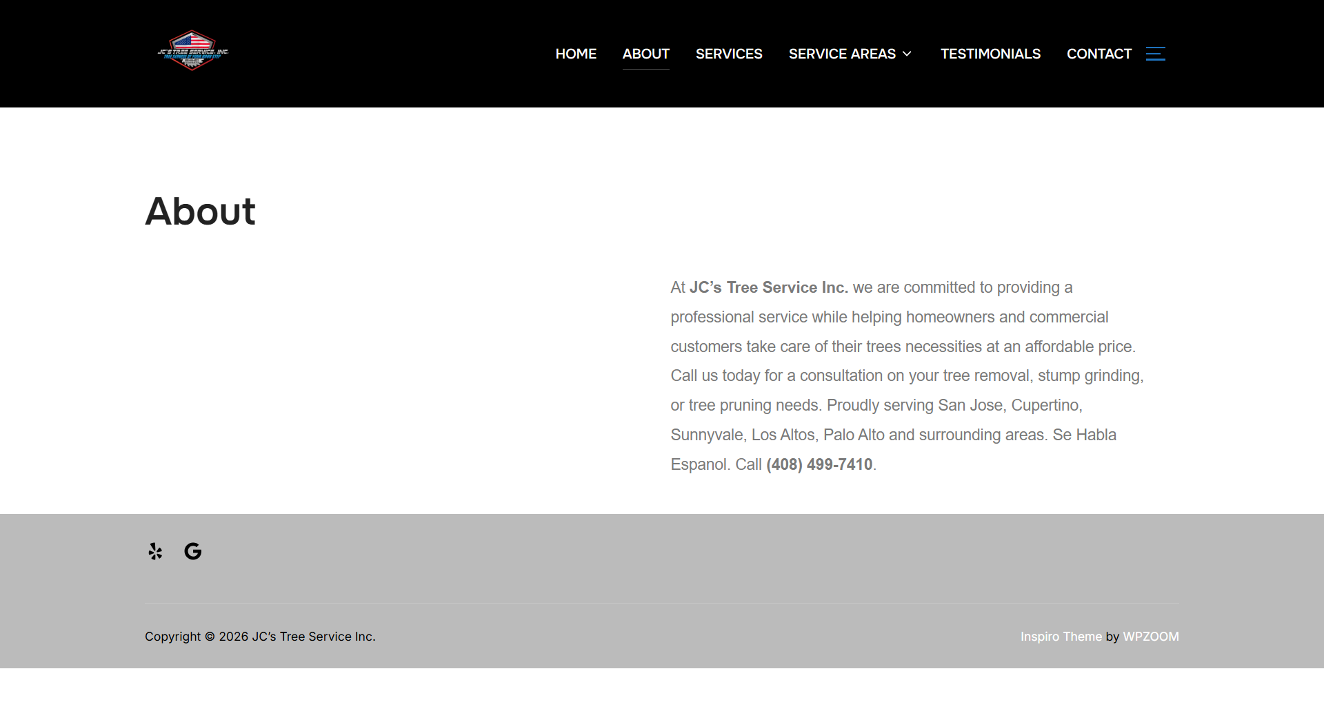 Website “About” page with black header, white content area, and gray footer.