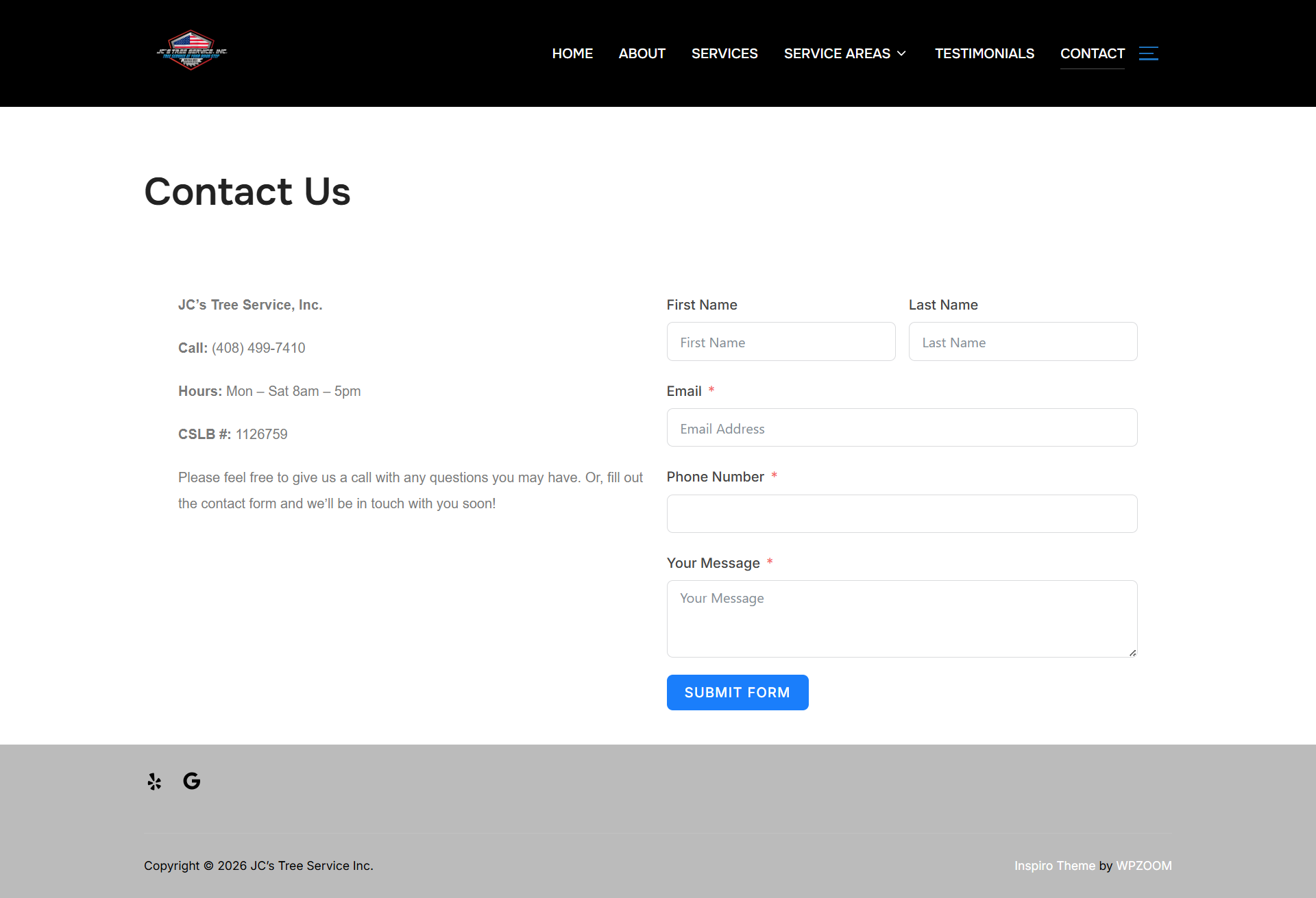 Contact Us webpage with a black header, contact information, and a message form with a blue submit button.