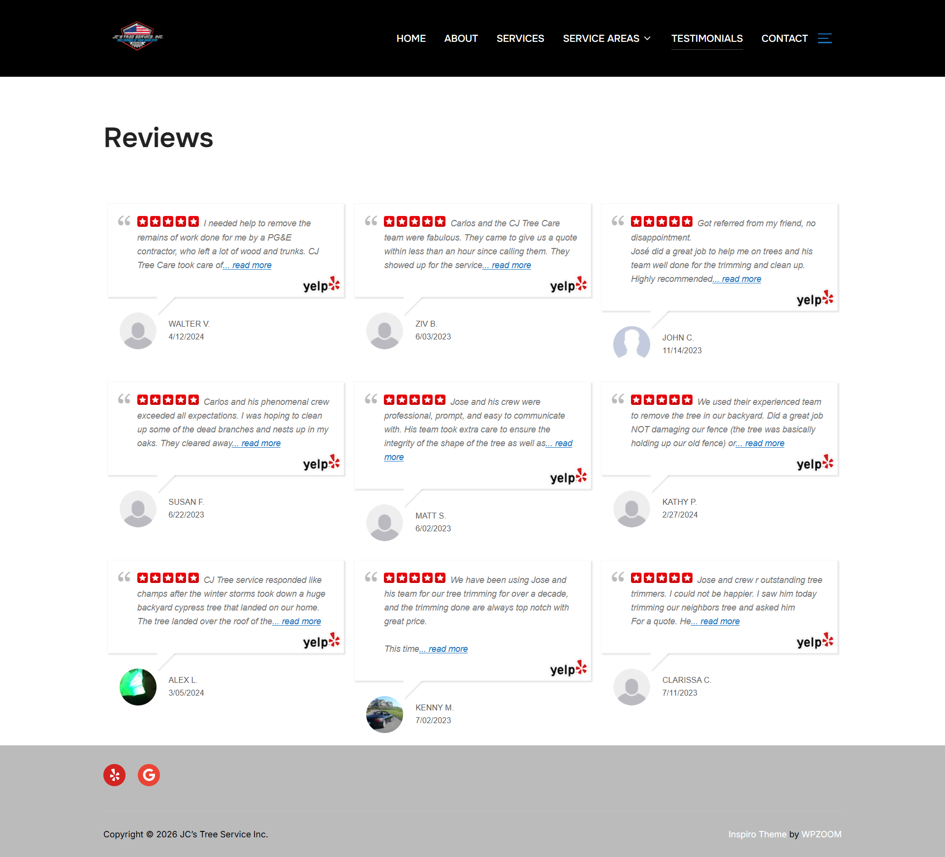 Customer reviews page with a grid of testimonial cards on a white background and black header.