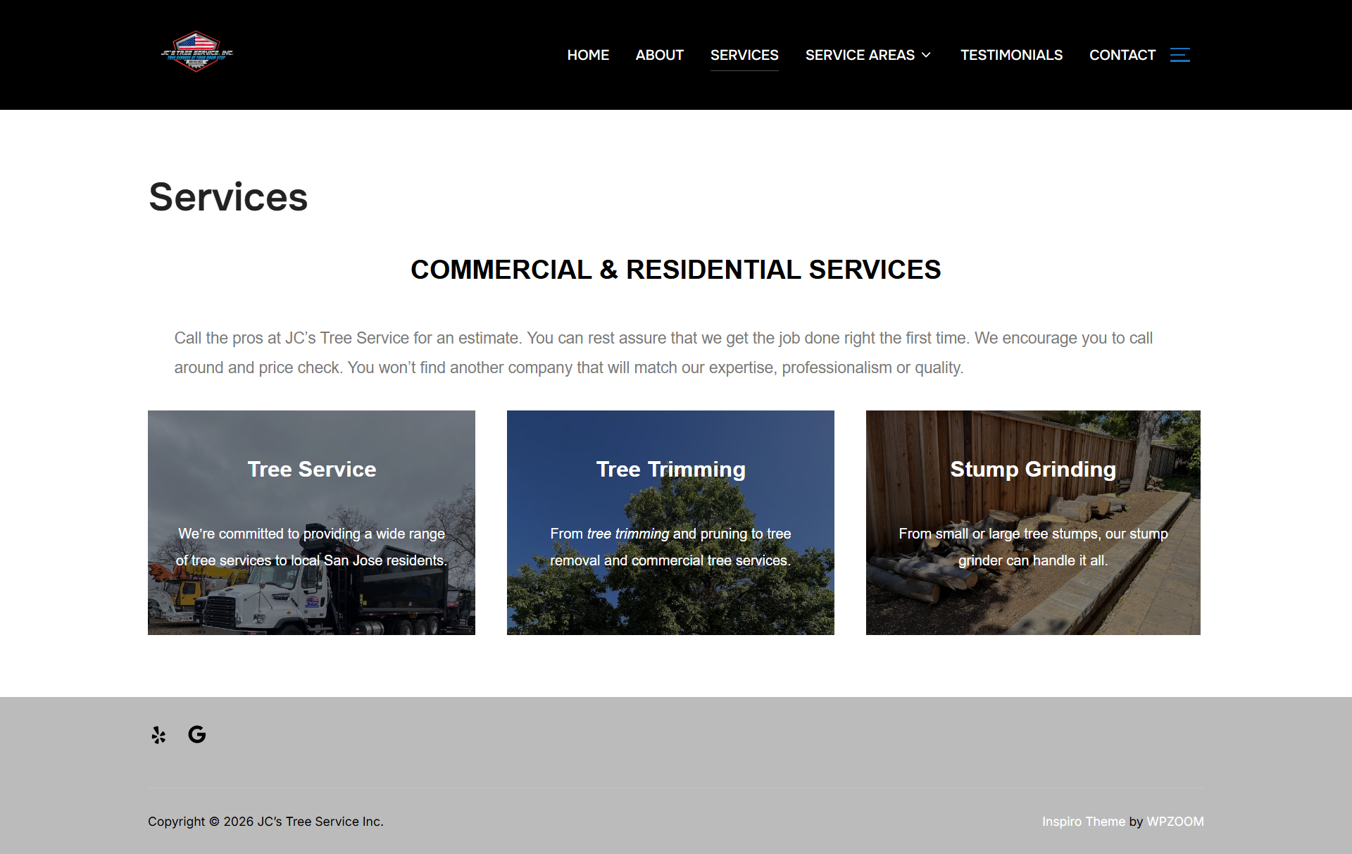 Services page showing three commercial and residential service cards over landscape photos, with a black top navigation bar