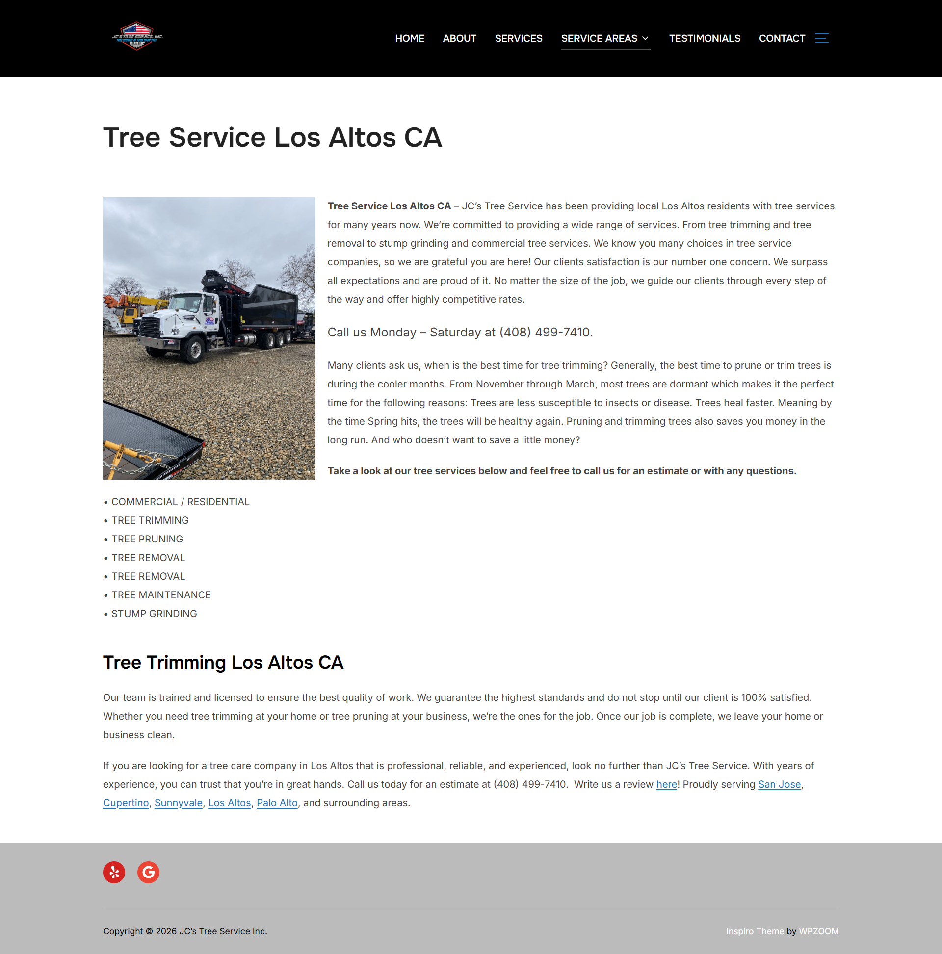 Tree service website page for Los Altos, with worker and truck photo on the left