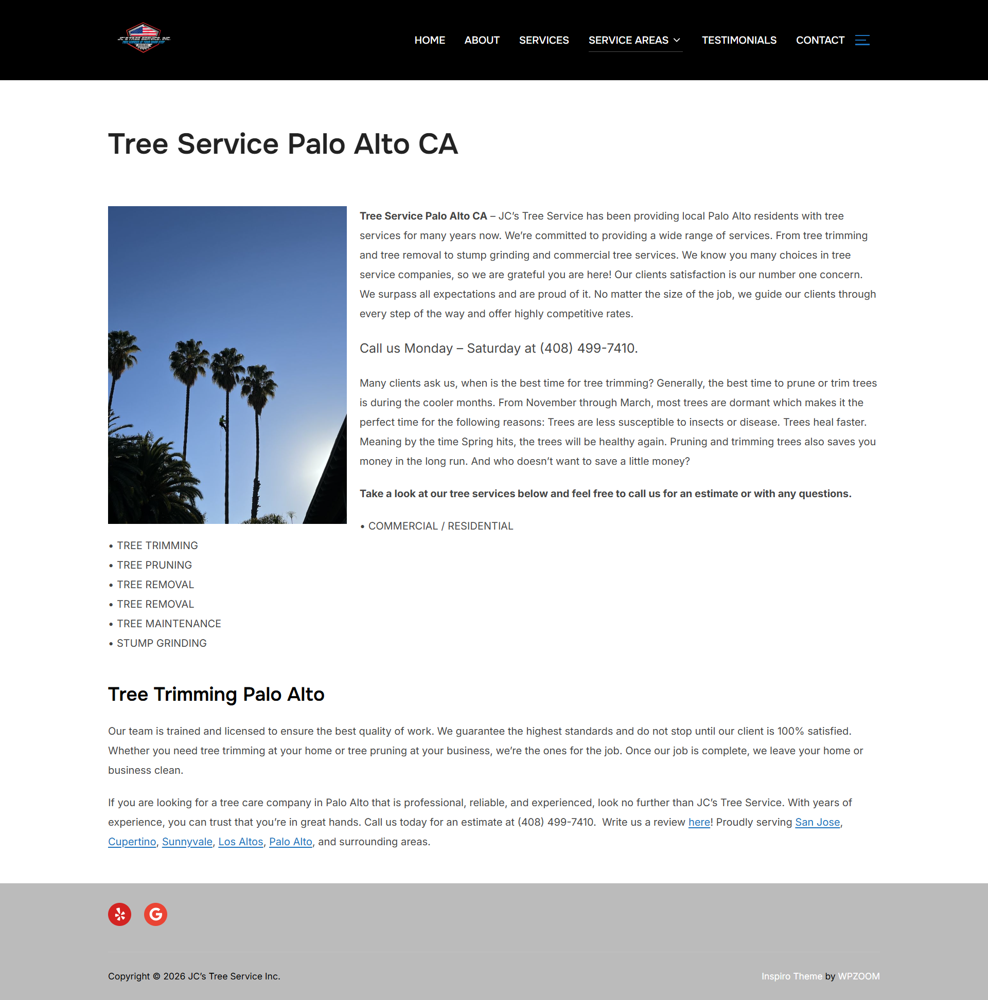 Tree Service Palo Alto CA webpage with palm trees and service details on a white page