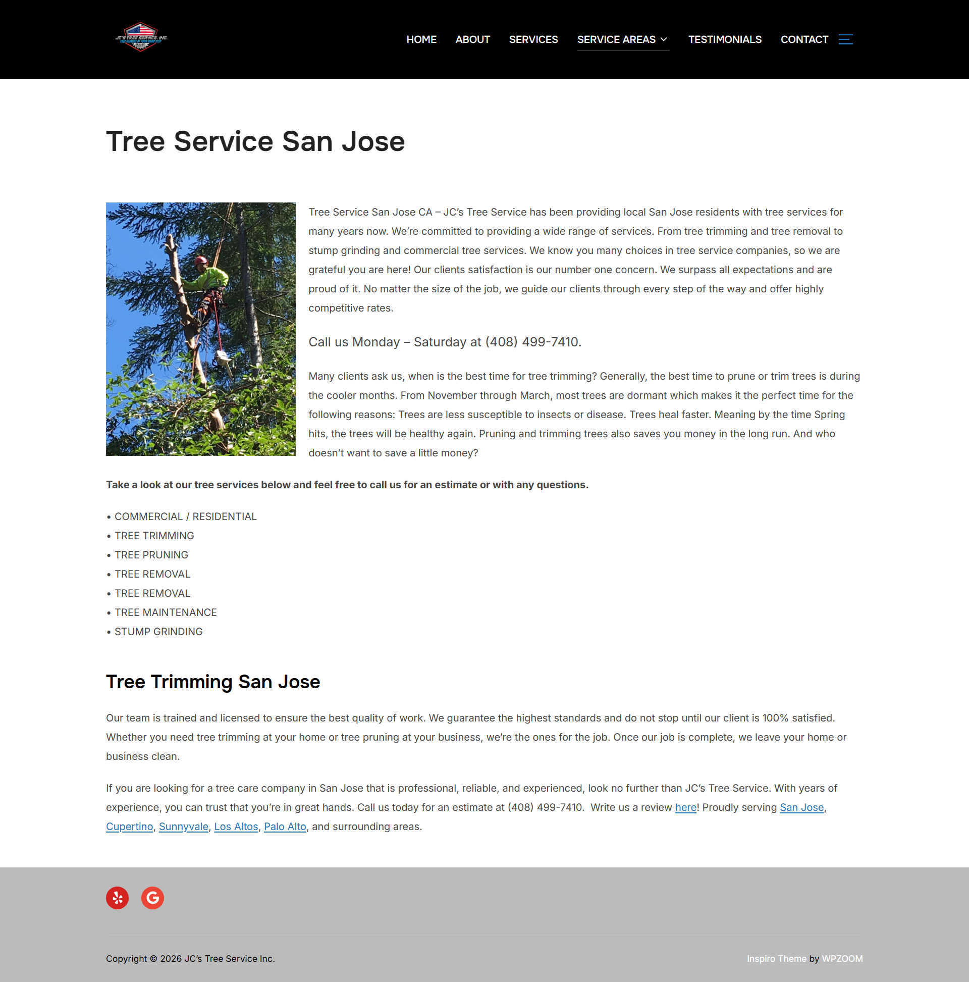 Website page titled “Tree Service San Jose” with a tree photo and service details in a clean layout