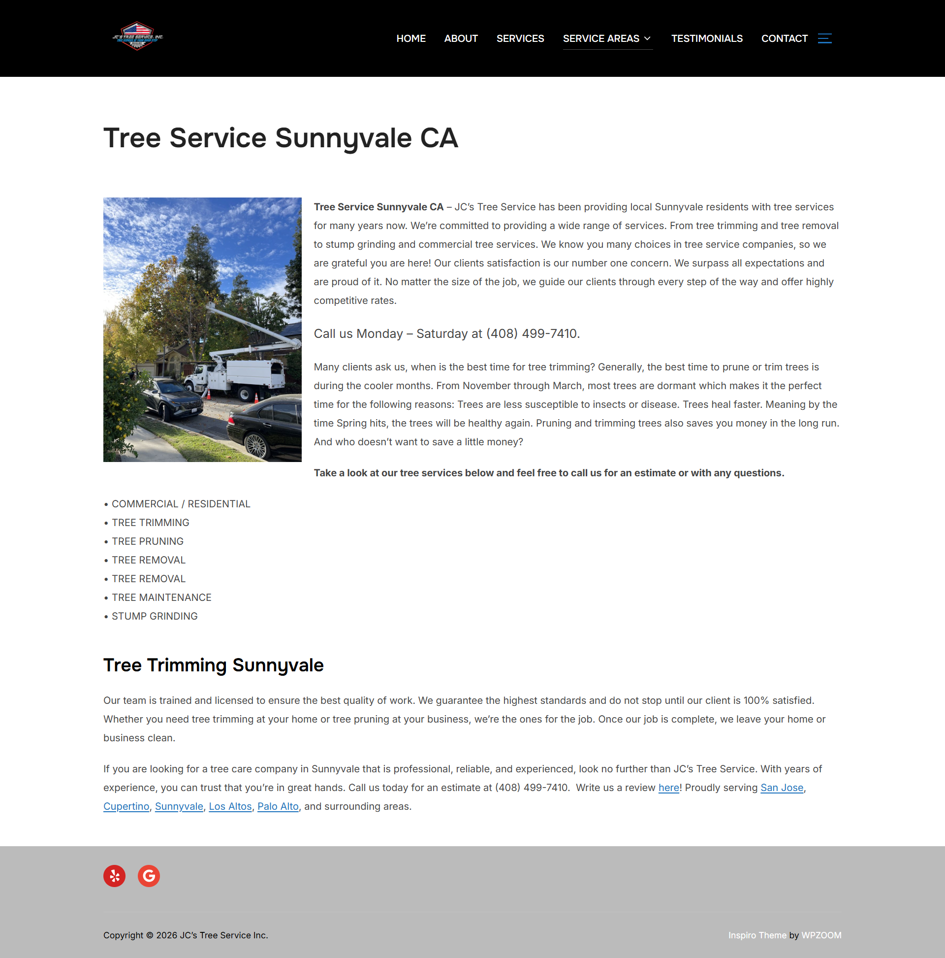 Tree service website page titled “Tree Service Sunnyvale CA” with a large tree photo and service text.