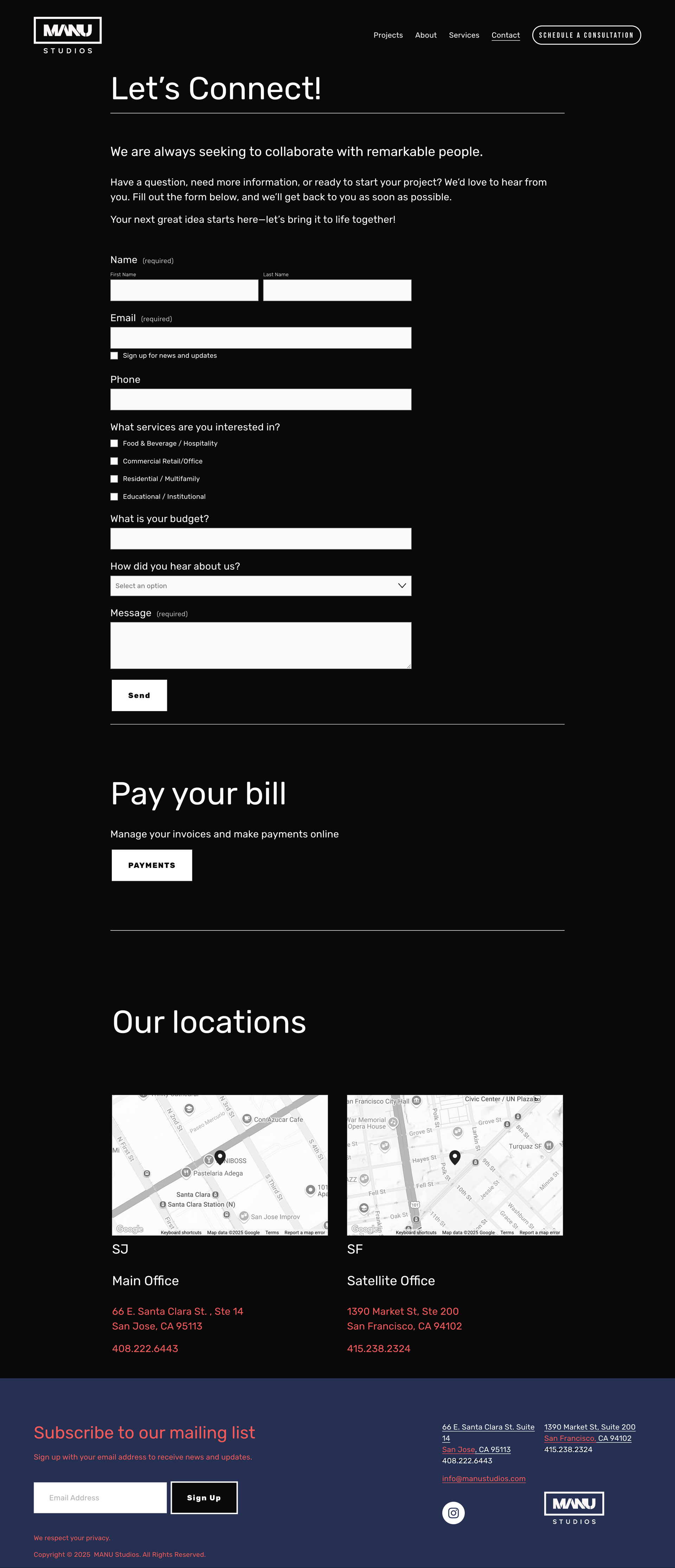 Dark-themed mobile webpage with a contact form, payment section, and map cards near the bottom.