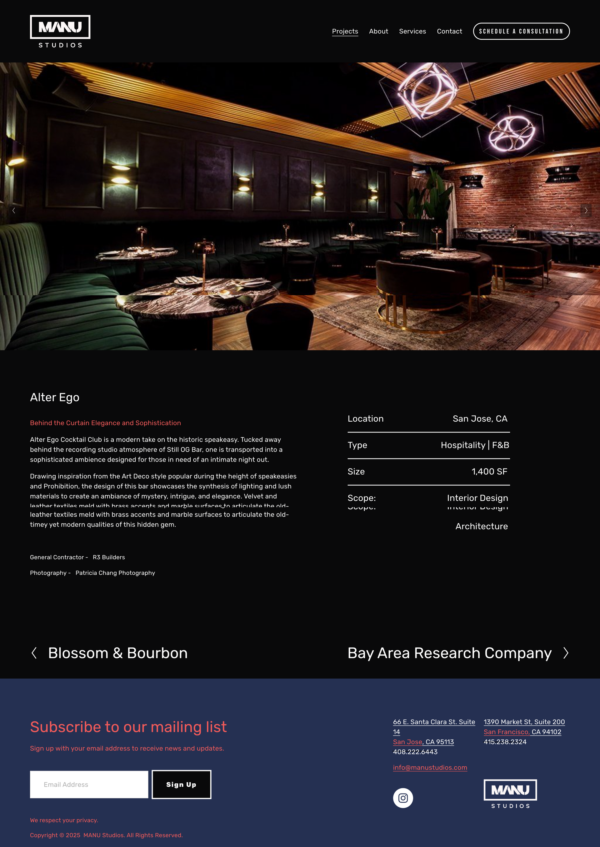 Dark, upscale lounge webpage with cozy seating, warm lighting, and reservation details.